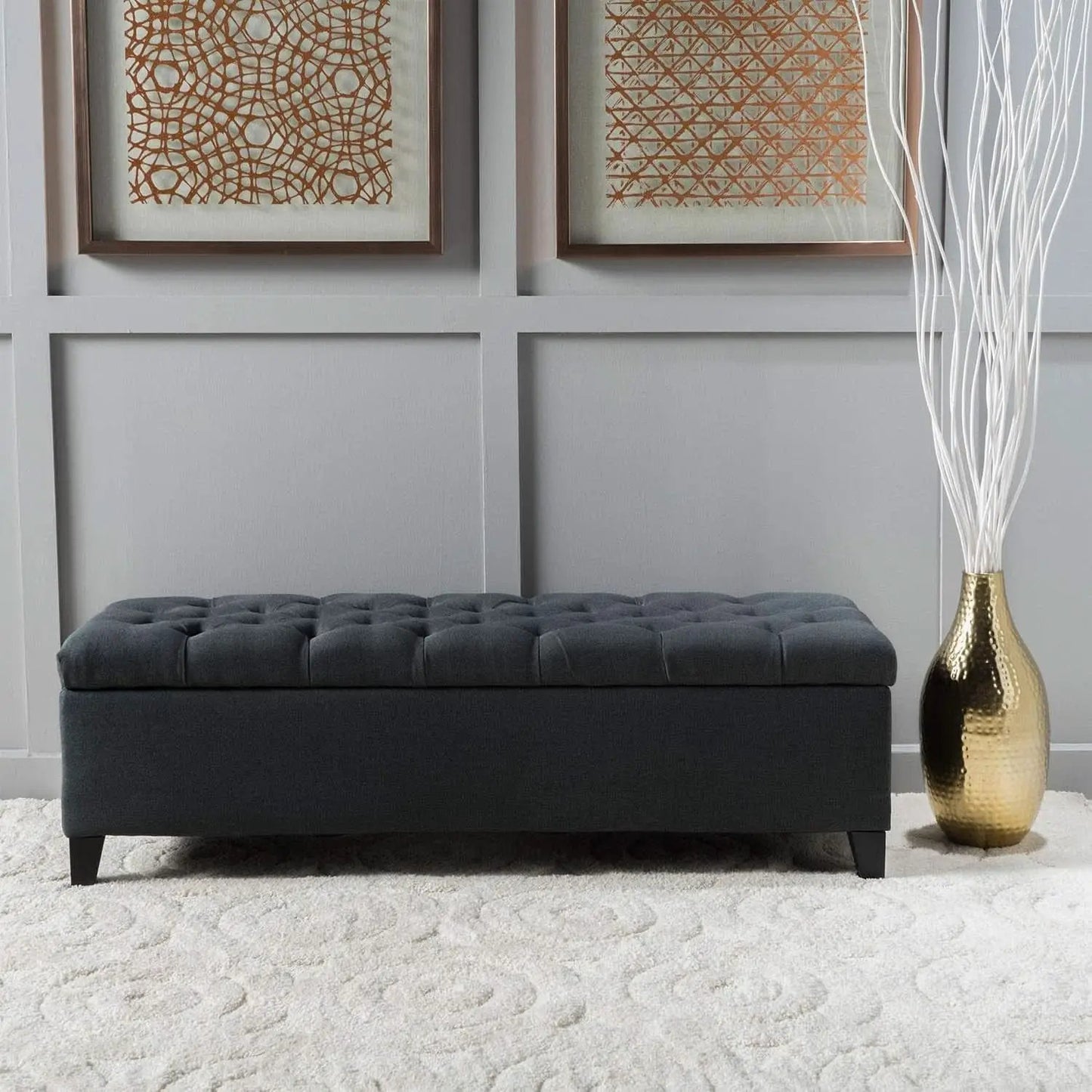 Dark Grey Tufted Fabric Storage Ottoman 17.5 In Depth from PriceLows™