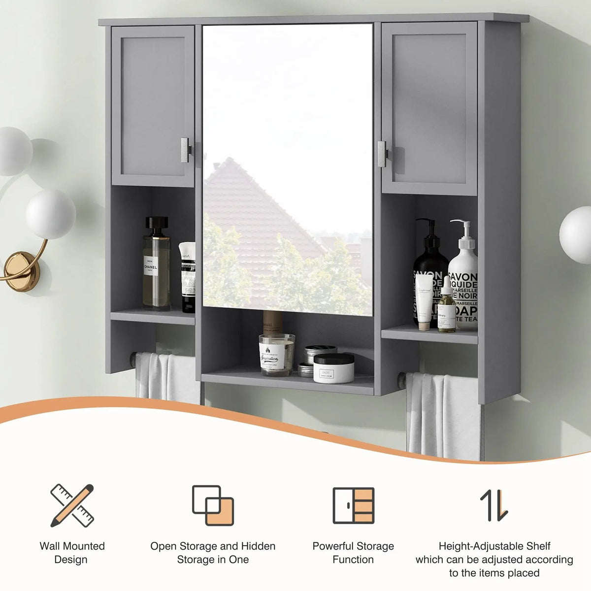 Wall Mounted Bathroom Cabinet With Mirror | Towel Bar | Closed Cabinets And Open Shelves | 35 Inch Width