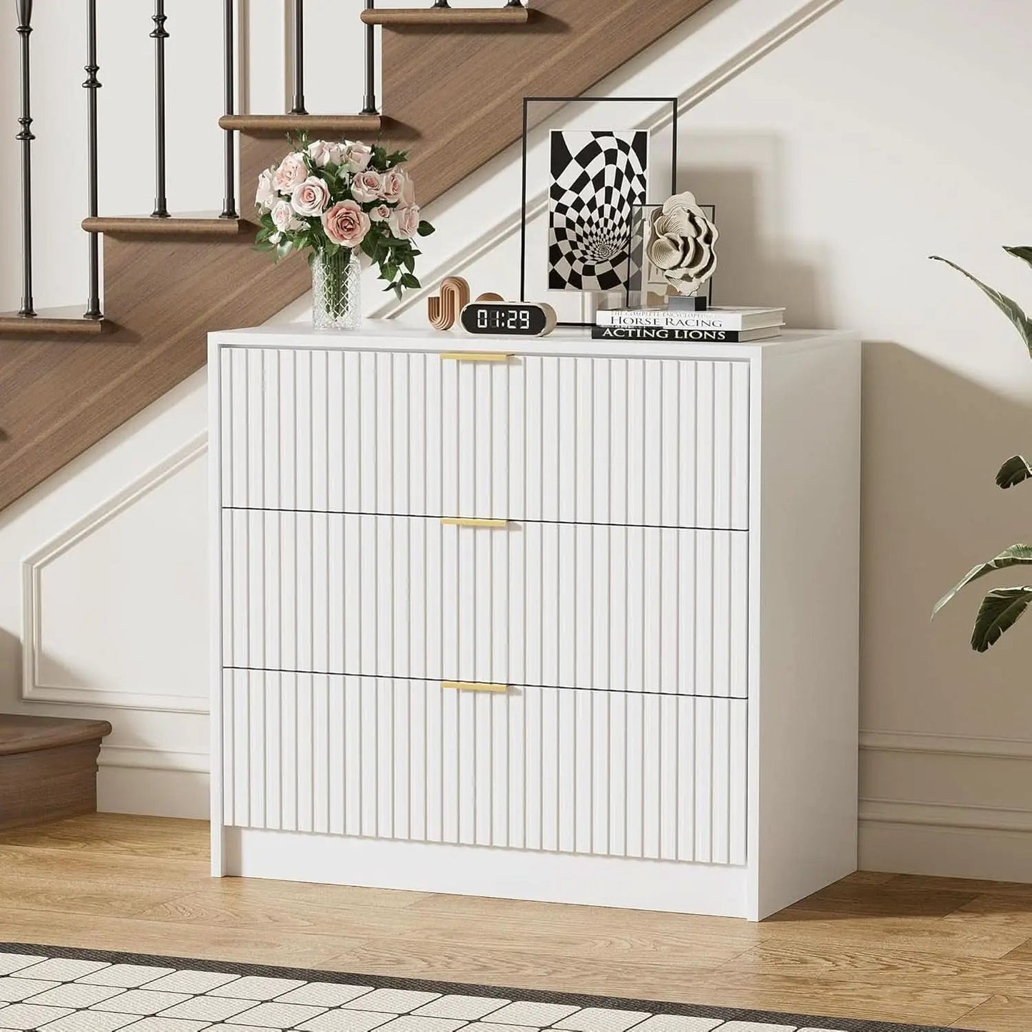White Contemporary Dresser With Three Drawers And Fluted Panels from PriceLows™