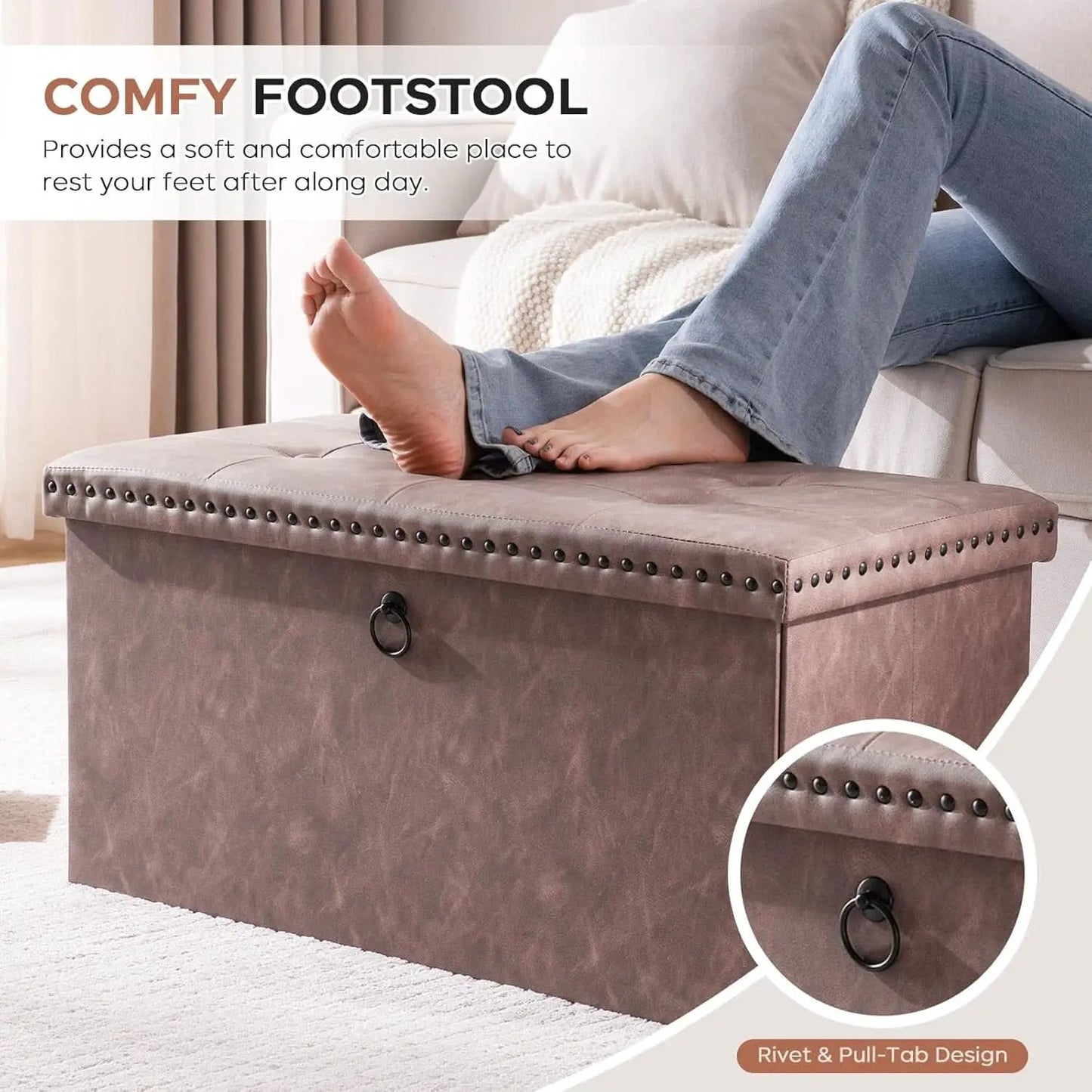 Oak Brown 30-Inch Foldable Storage Ottoman Bench from PriceLows™