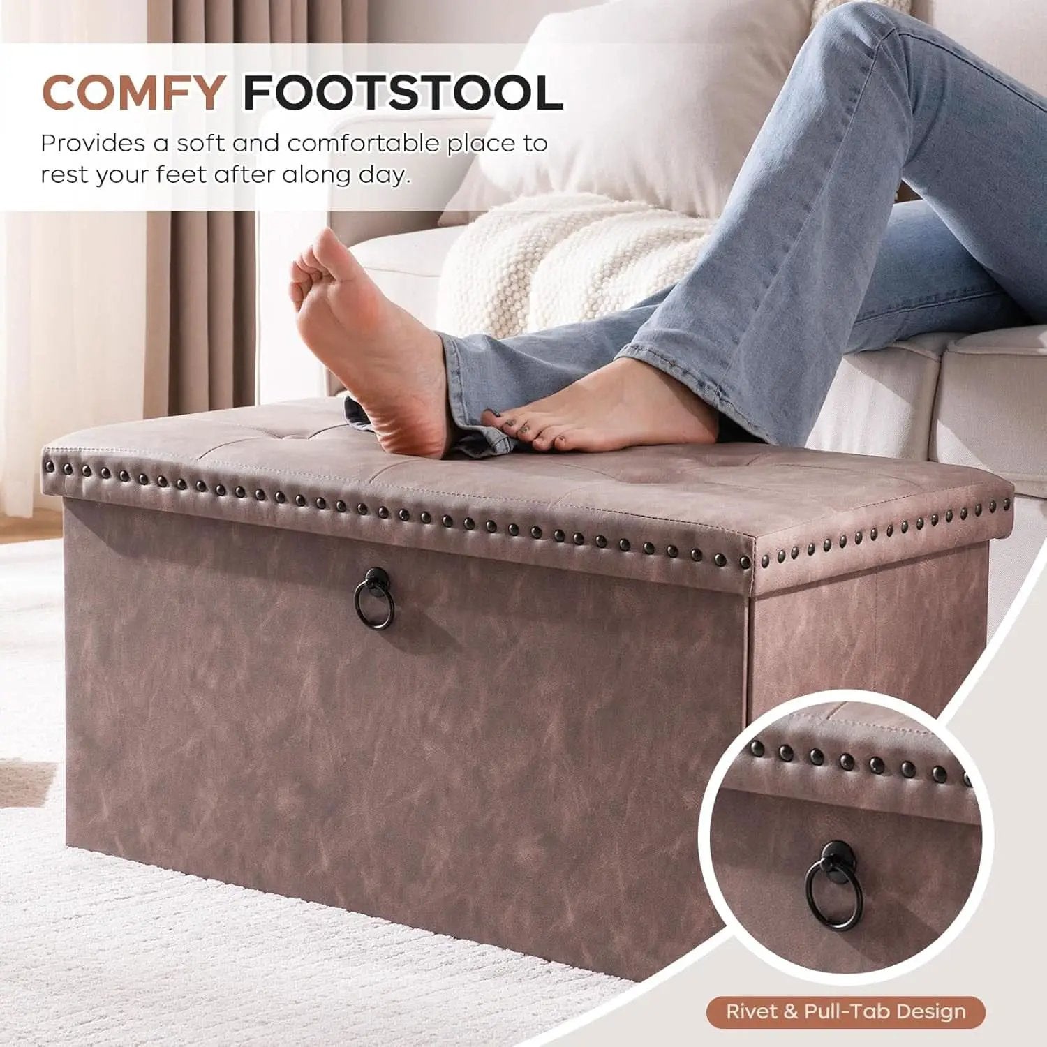 Oak Brown 30-Inch Foldable Storage Ottoman Bench from PriceLows™