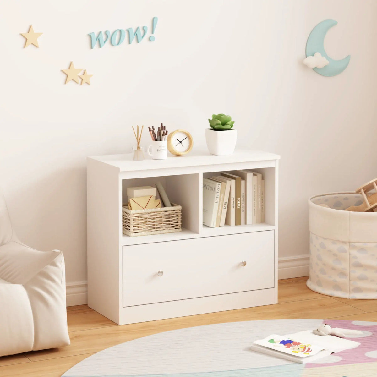 Toy Storage Organizer | 2 Open Shelves | Deep Drawer | White
