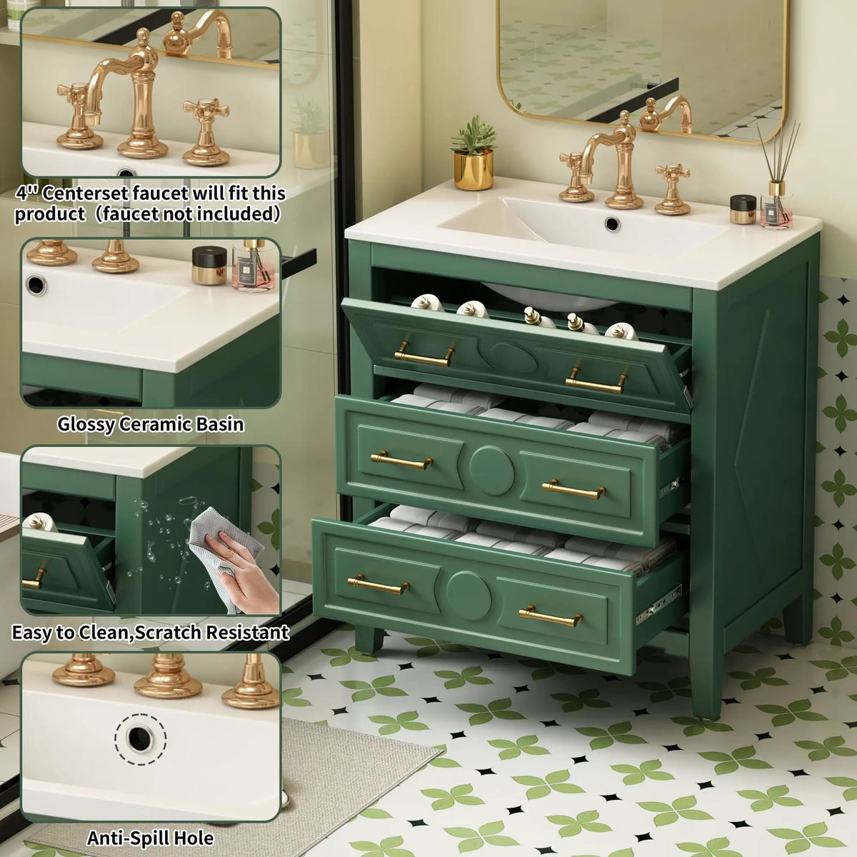 30 Inch Retro Bathroom Vanity | Free Standing Single Set | 3 Drawers | Solid Wood Frame