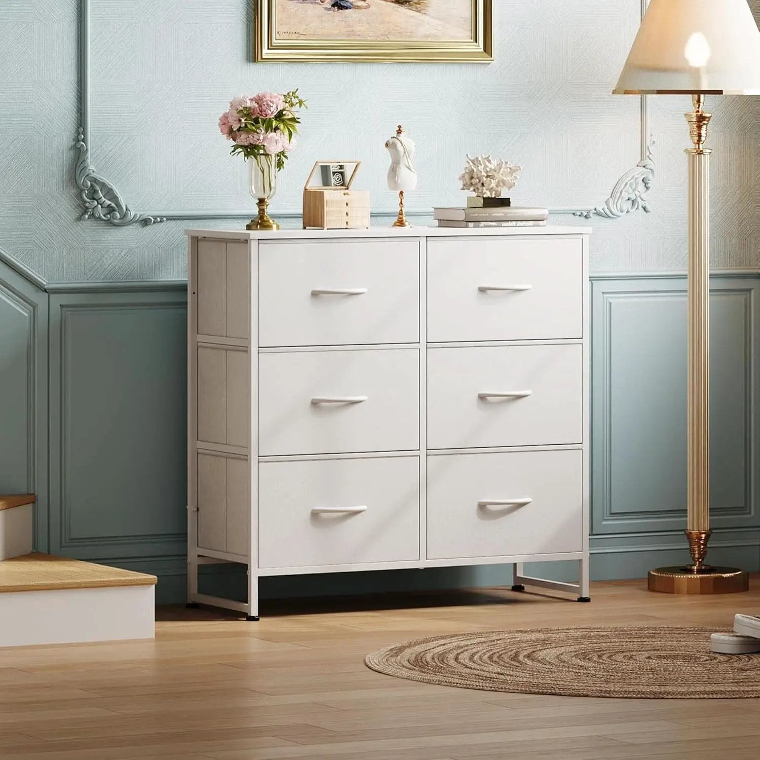 White Fabric Dresser With 6 Drawers And Fabric Bins from PriceLows™