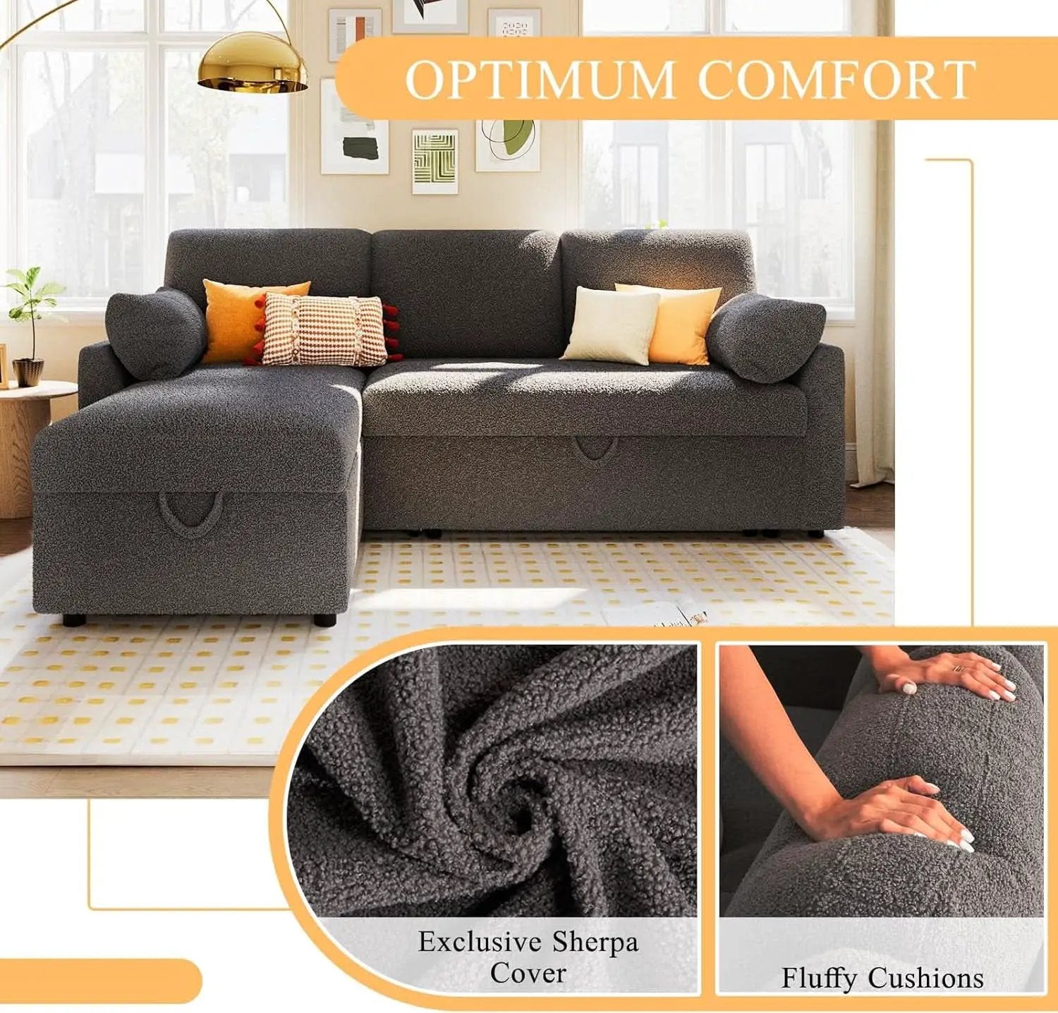 Grey Boucle Upholstered Convertible Sofa Bed Storage from PriceLows™