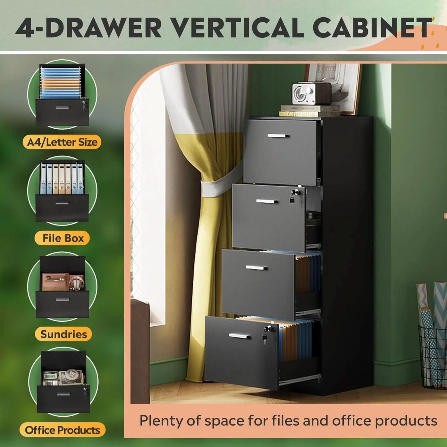 4 Drawer Locking File Cabinet For A4 And Letter Files Black Wood from PriceLows™