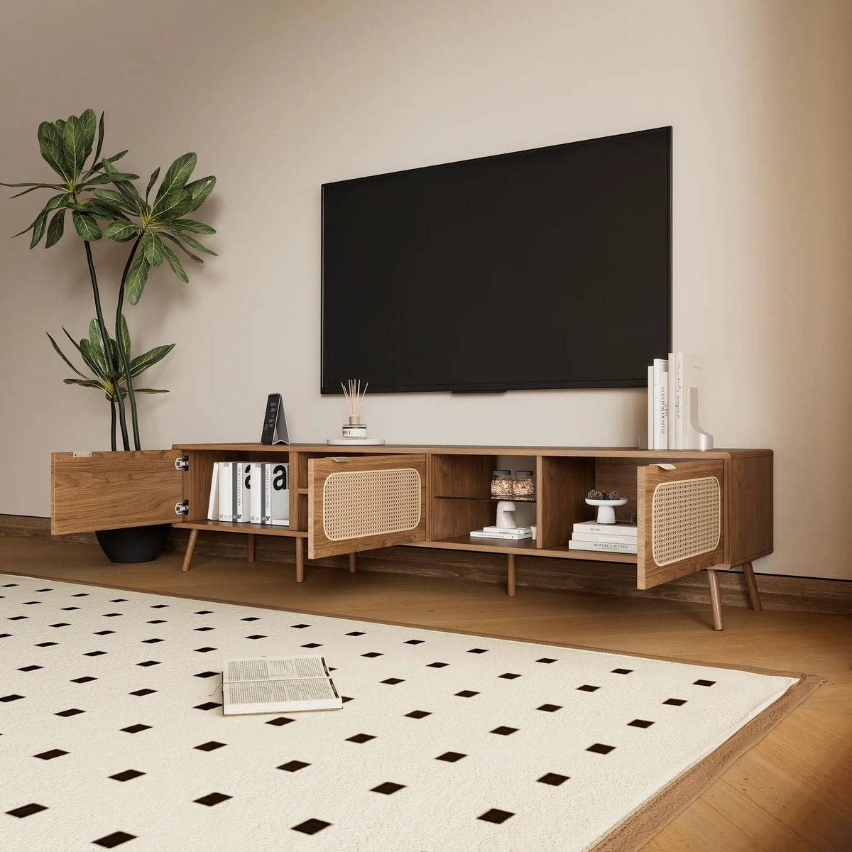 TV Stand | 78 Inch Wide | Rattan And Glass | Walnut Finish