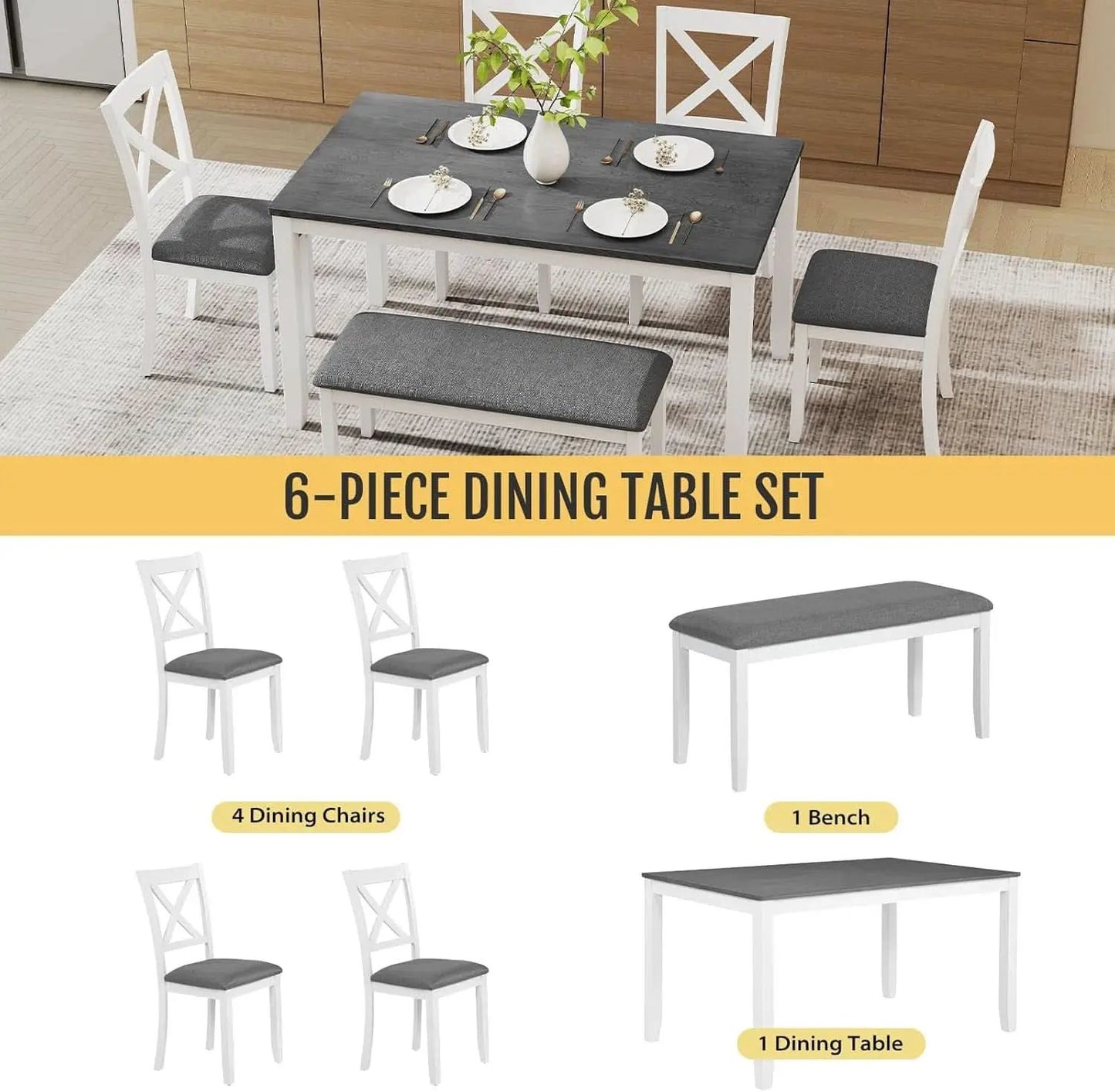 White Slate Grey Solid Wood Contemporary Dining Table Six Seater from PriceLows™