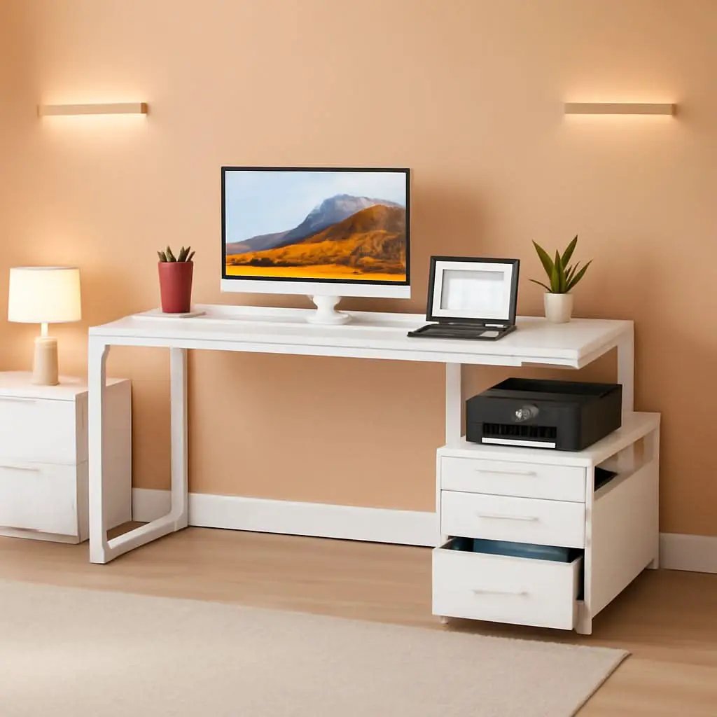 White Computer Desk With File Cabinet And Monitor Stand from PriceLows™