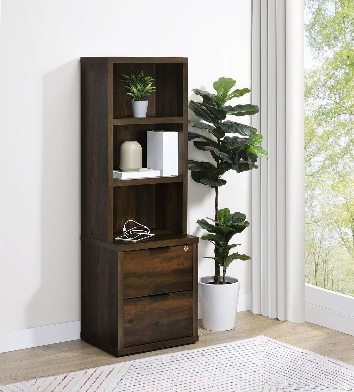 Westpark 3-shelf Bookcase USB and Lockable Drawer Dark Pine | 19.75 x 15.5 x 61.25 in | Engineered Wood & Veneer | Home Office