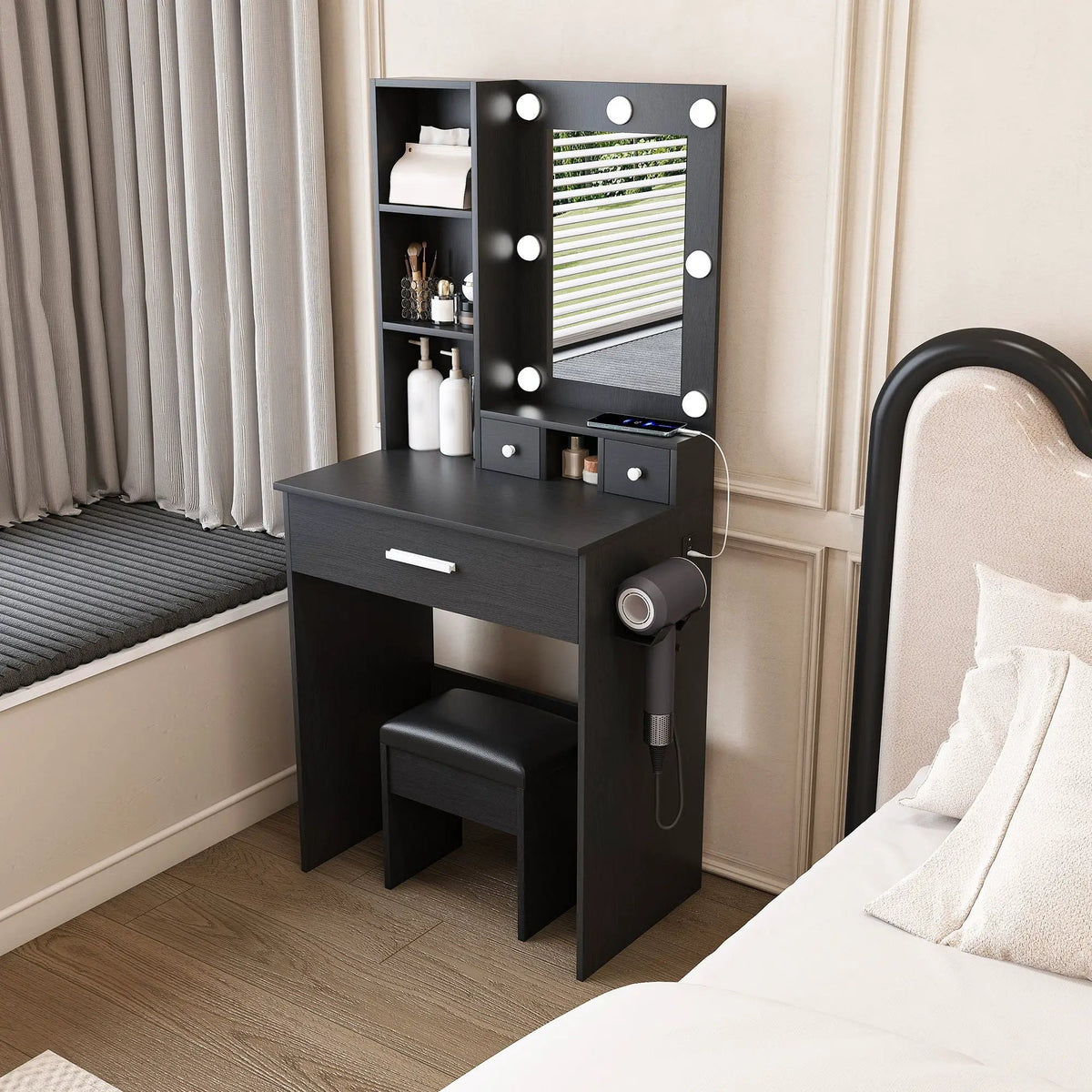 Vanity Table | LED Mirror | Power Outlet | Includes Stool