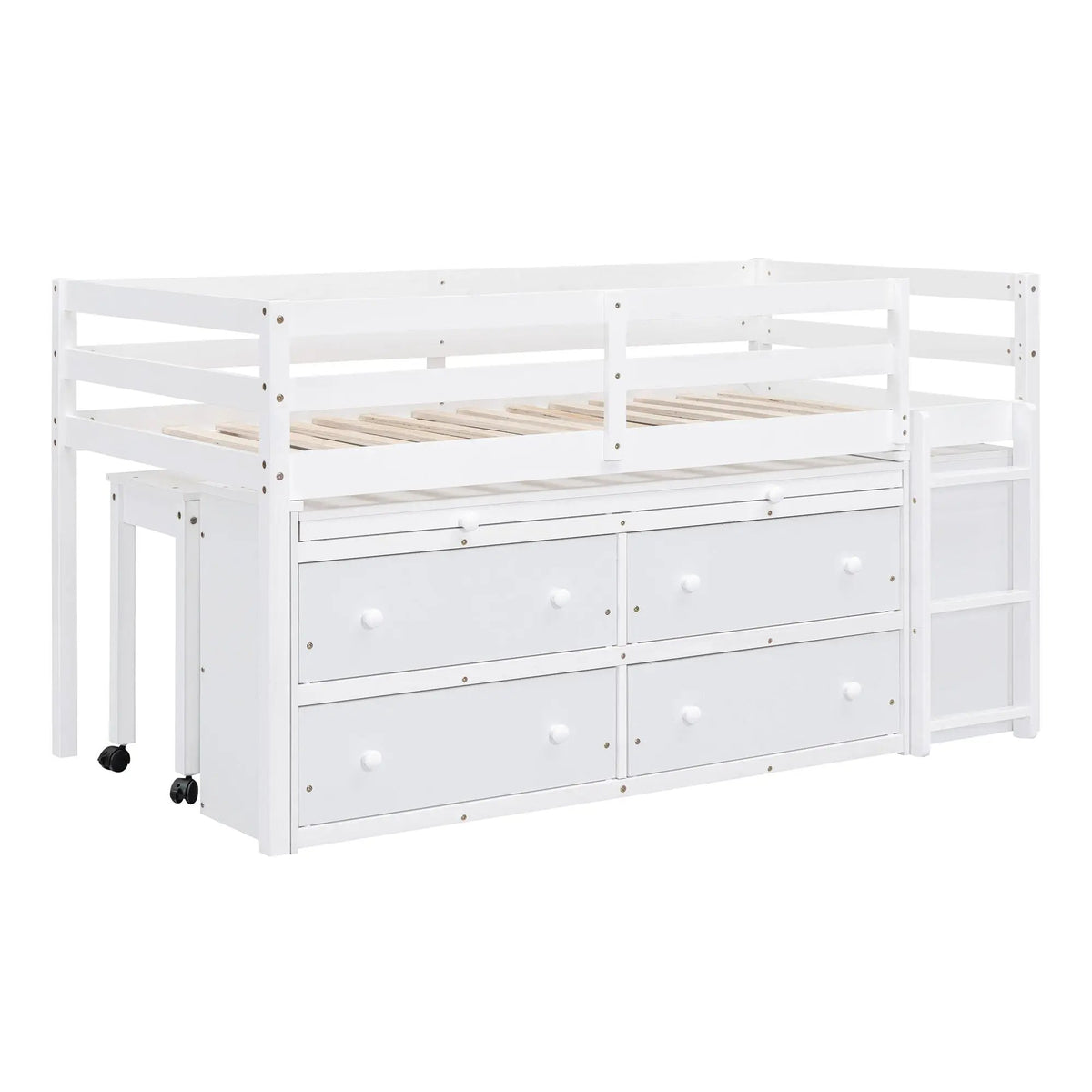 Loft Bed With Retractable Desk | 4 Front Drawers | Lateral Portable Desk | Side Shelves