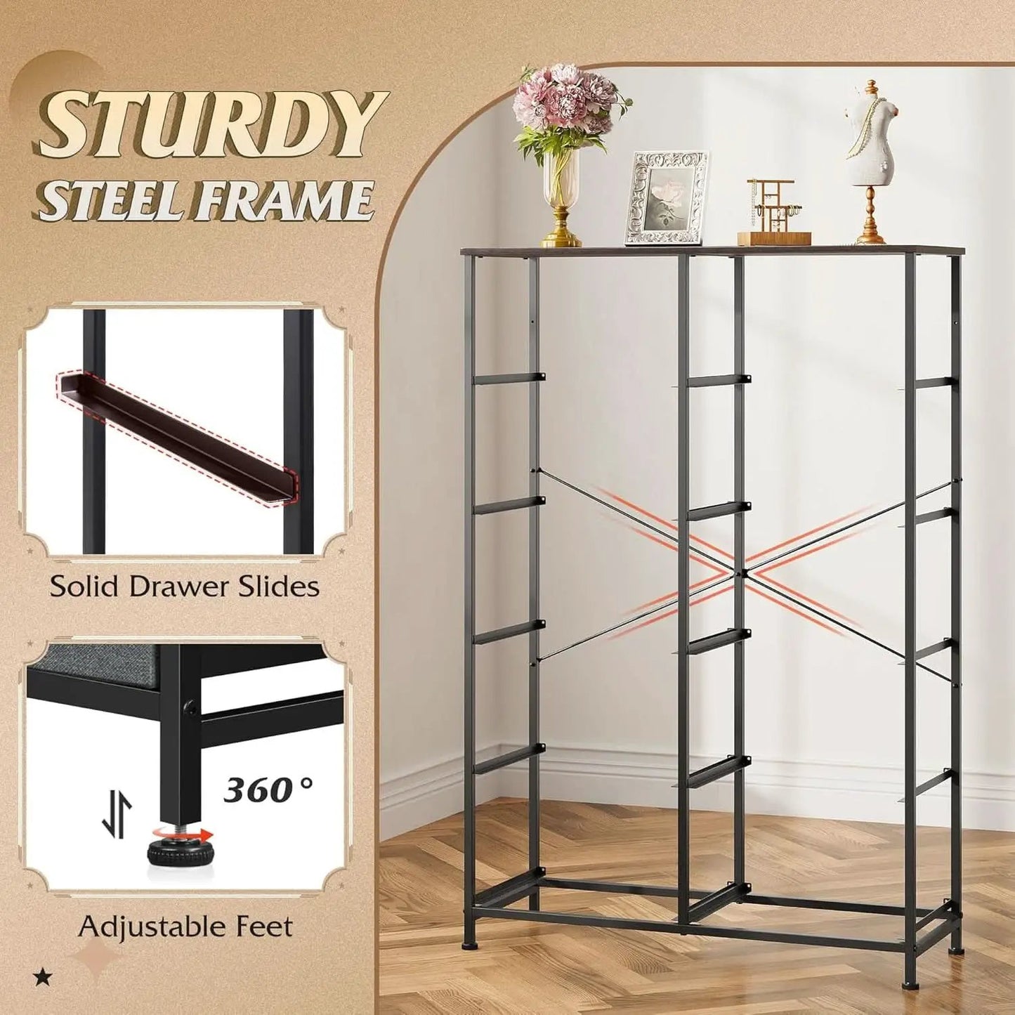 Tall Fabric Dresser With 10 Drawers Dark Grey Metal Frame from PriceLows™