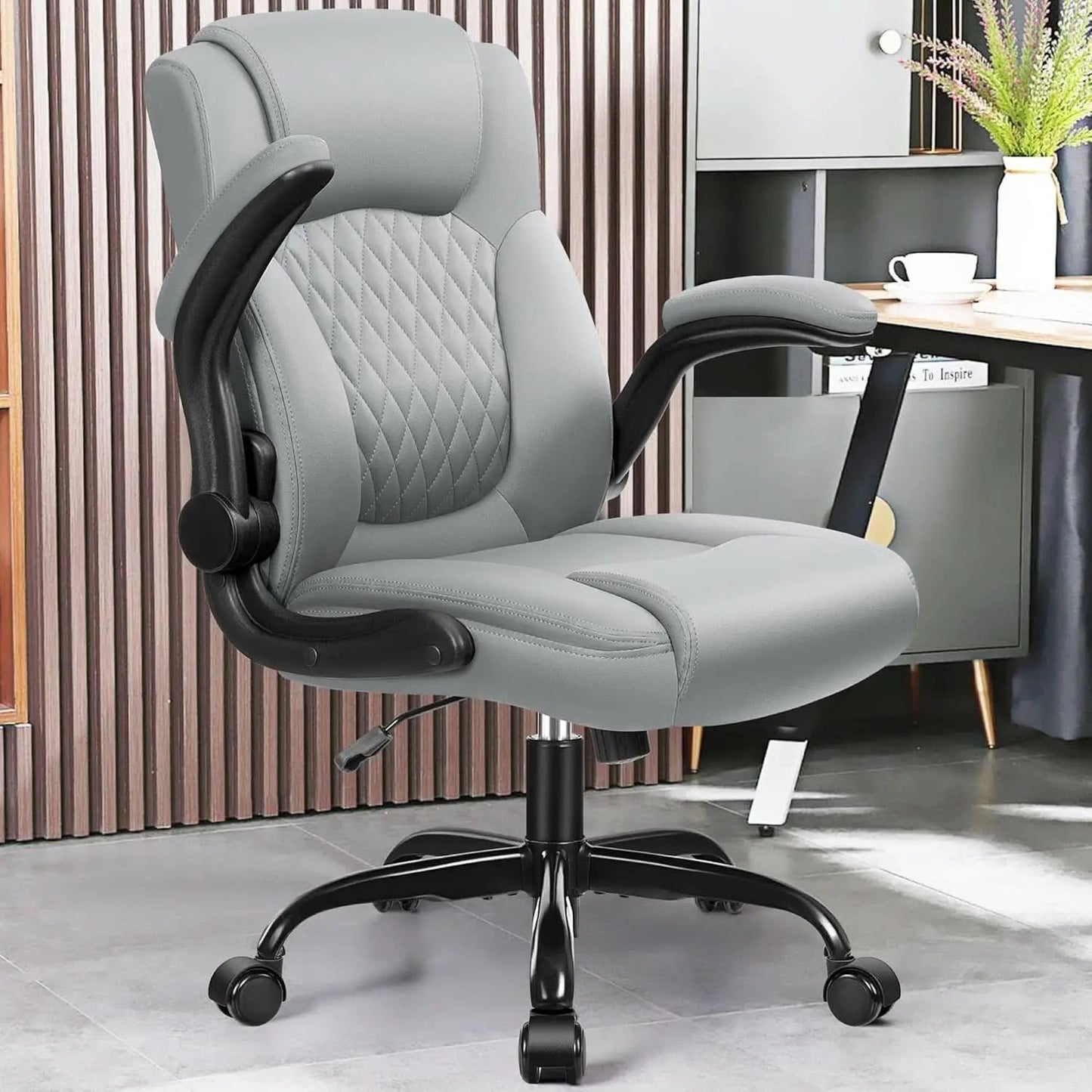 Gray PU Leather Office Chair With Ergonomic Back Support from PriceLows™