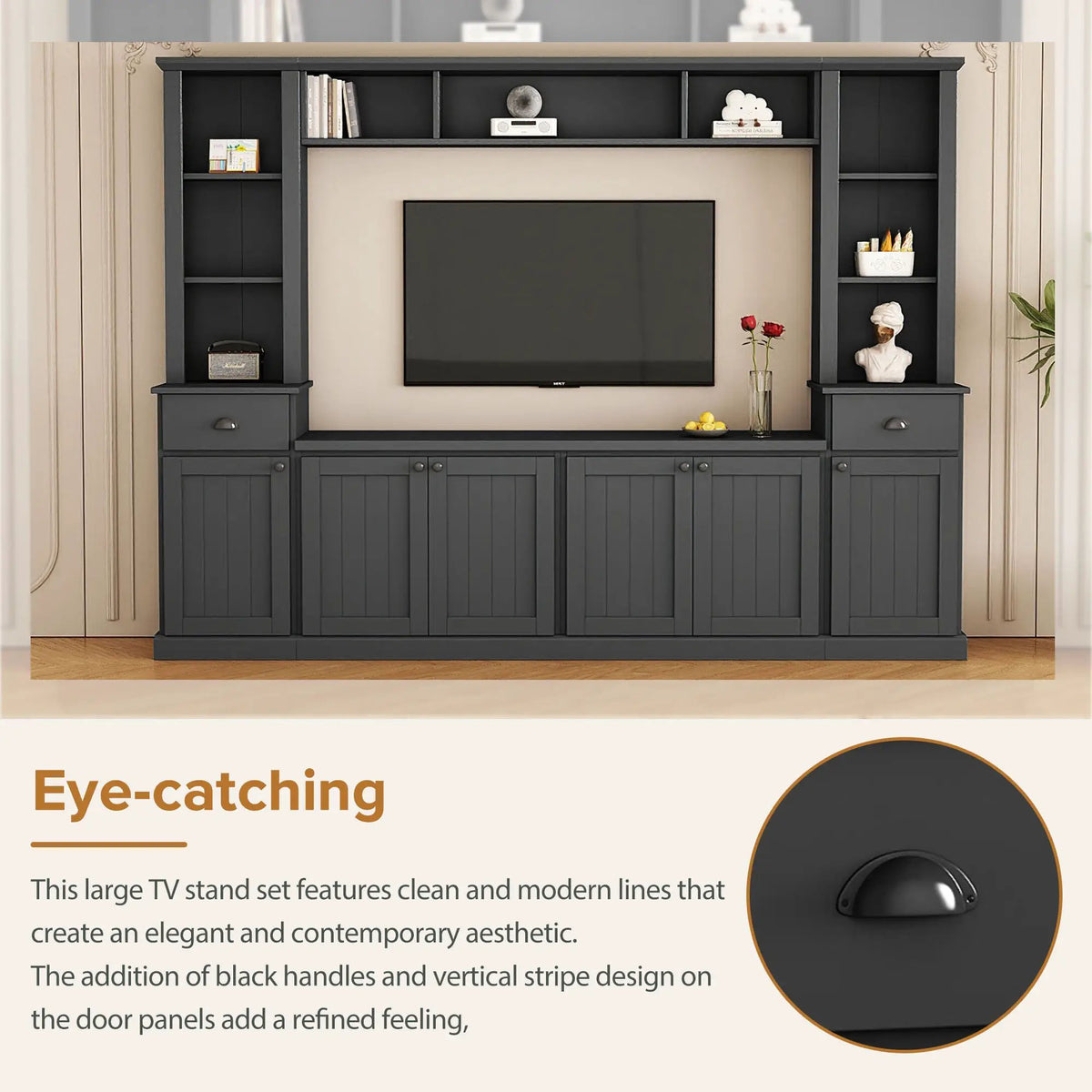 Minimalist Entertainment Wall Unit | Fits TVs Up To 75 Inch | Adjustable Bridge Height | Plank-Inspired Doors