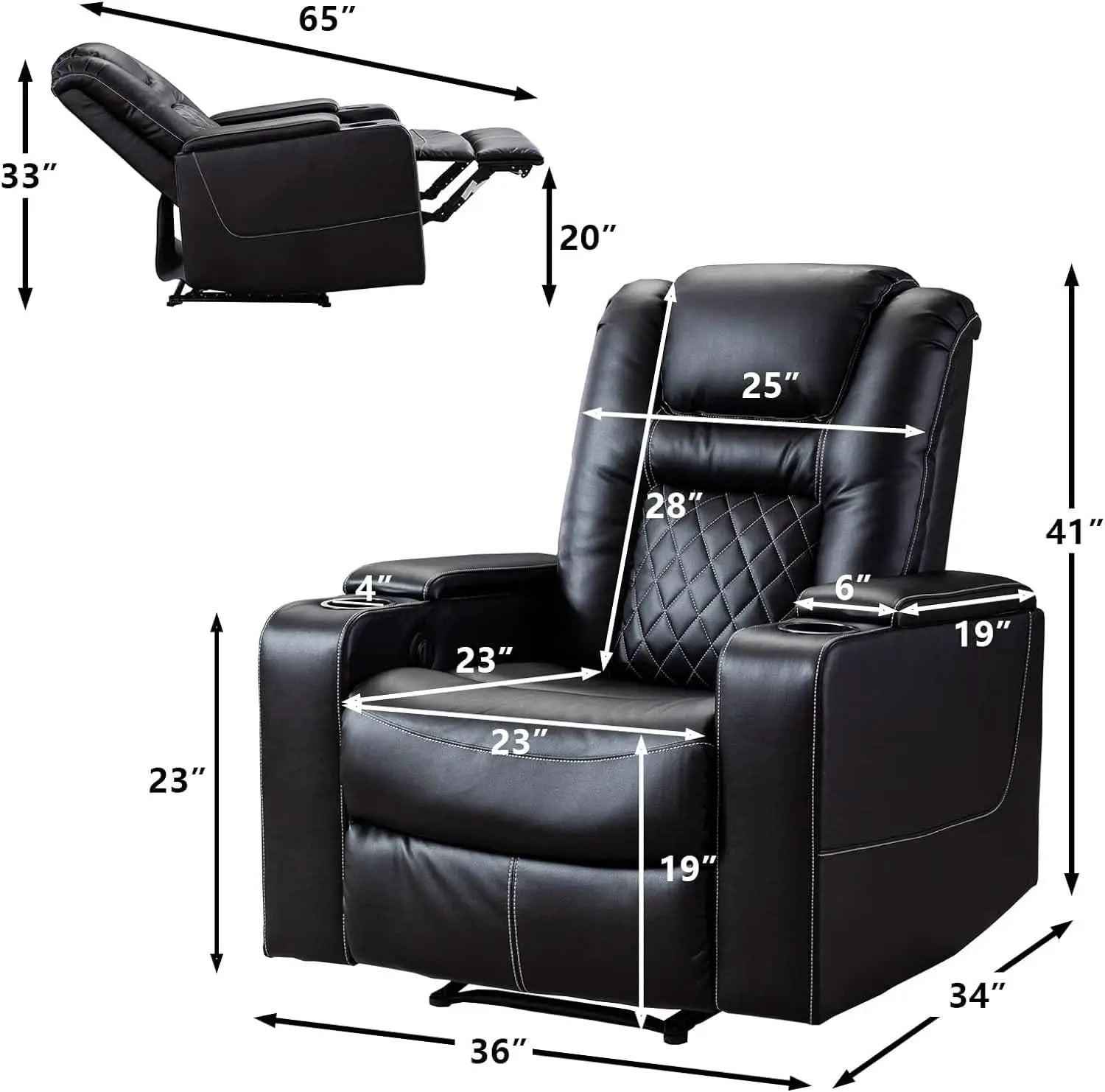 Black Leather Power Recliner With Usb And Cup Holders from PriceLows™