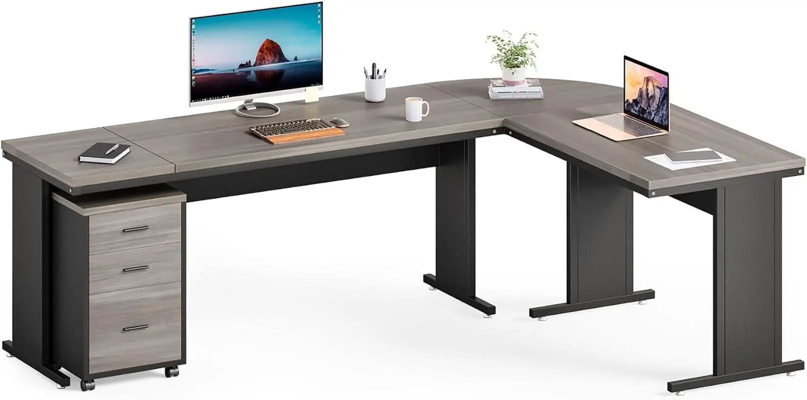83in Gray Farmhouse L Shaped Desk With Mobile File Cabinet from PriceLows™