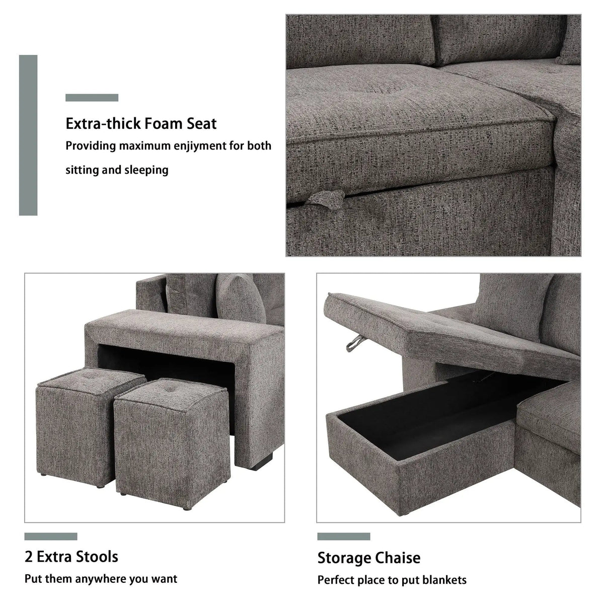 Modern L-Shape 3 Seat Reversible Sectional Couch, Pull Out Sleeper Sofa With Storage | 4 Pieces | Fabric | Living Room
