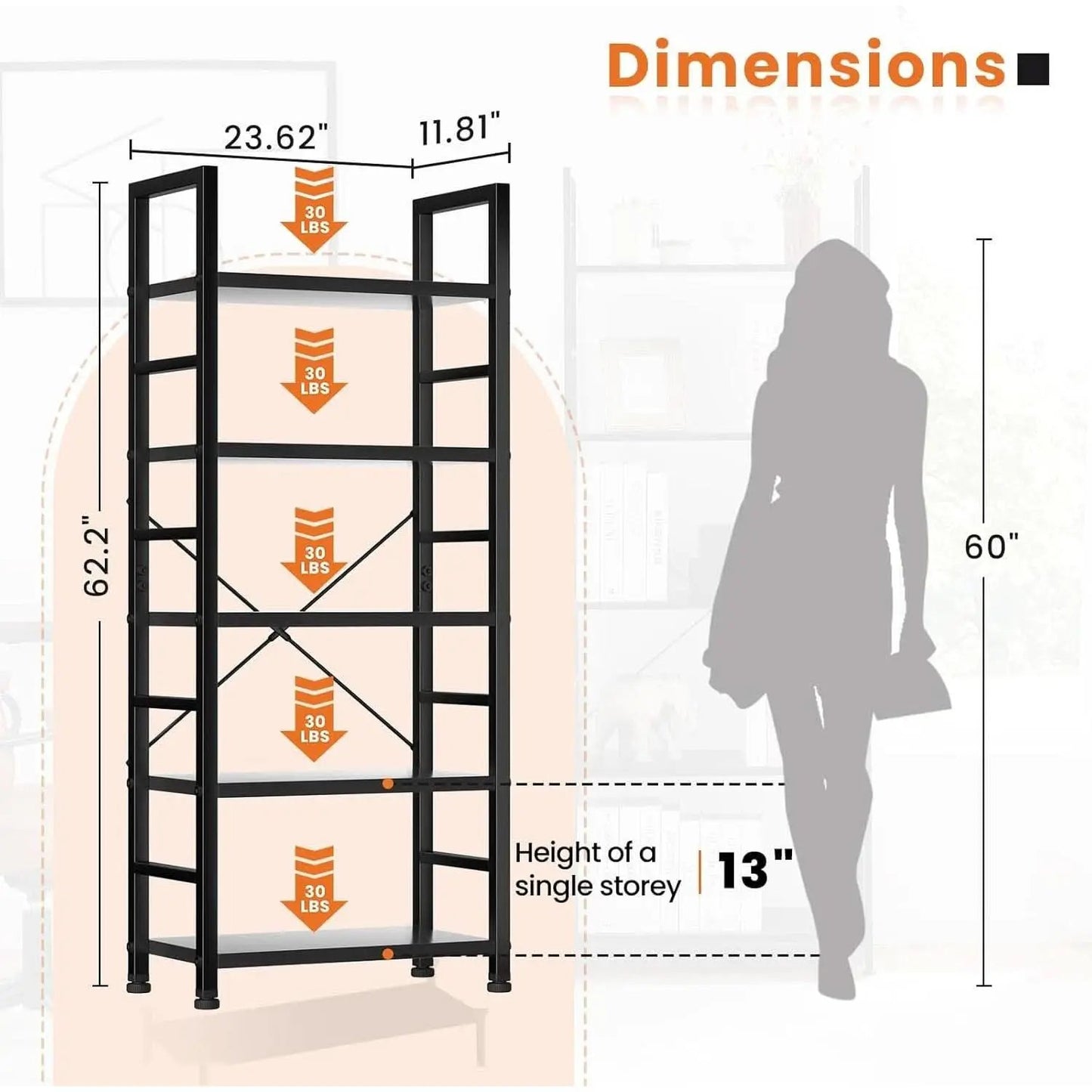 Black 5 Tier Bookcase Space Saving Tall Studio Home Office from PriceLows™