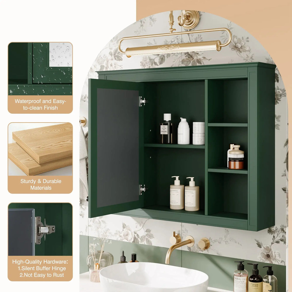 Wall Mounted Medicine Cabinet | Adjustable Interior | 6 Open Shelves