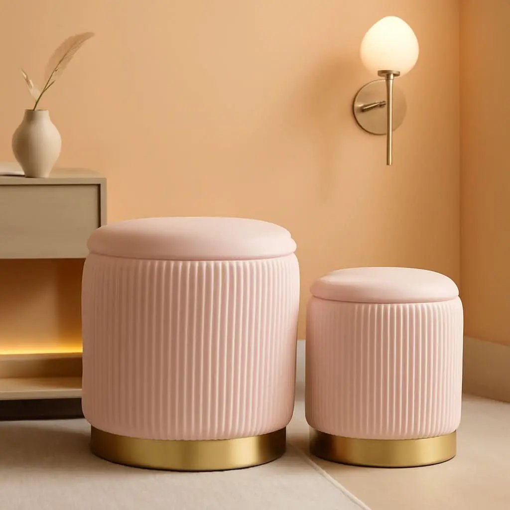 Bubblegum Pink Velvet Circular Ottoman With Storage from PriceLows™