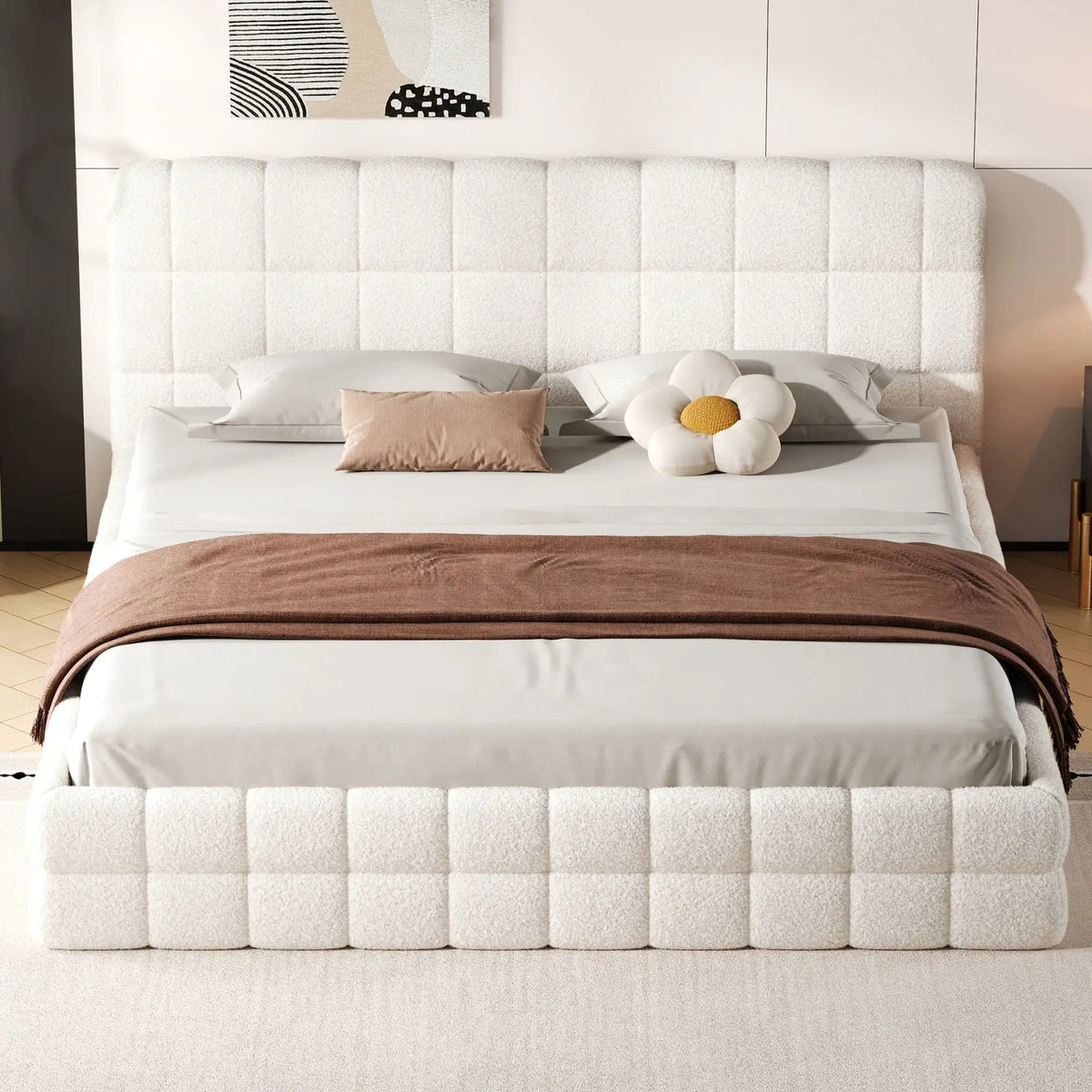 Upholstered Platform Bed With Headboard | 3 Pieces | Pine Wood & Metal | Bedroom