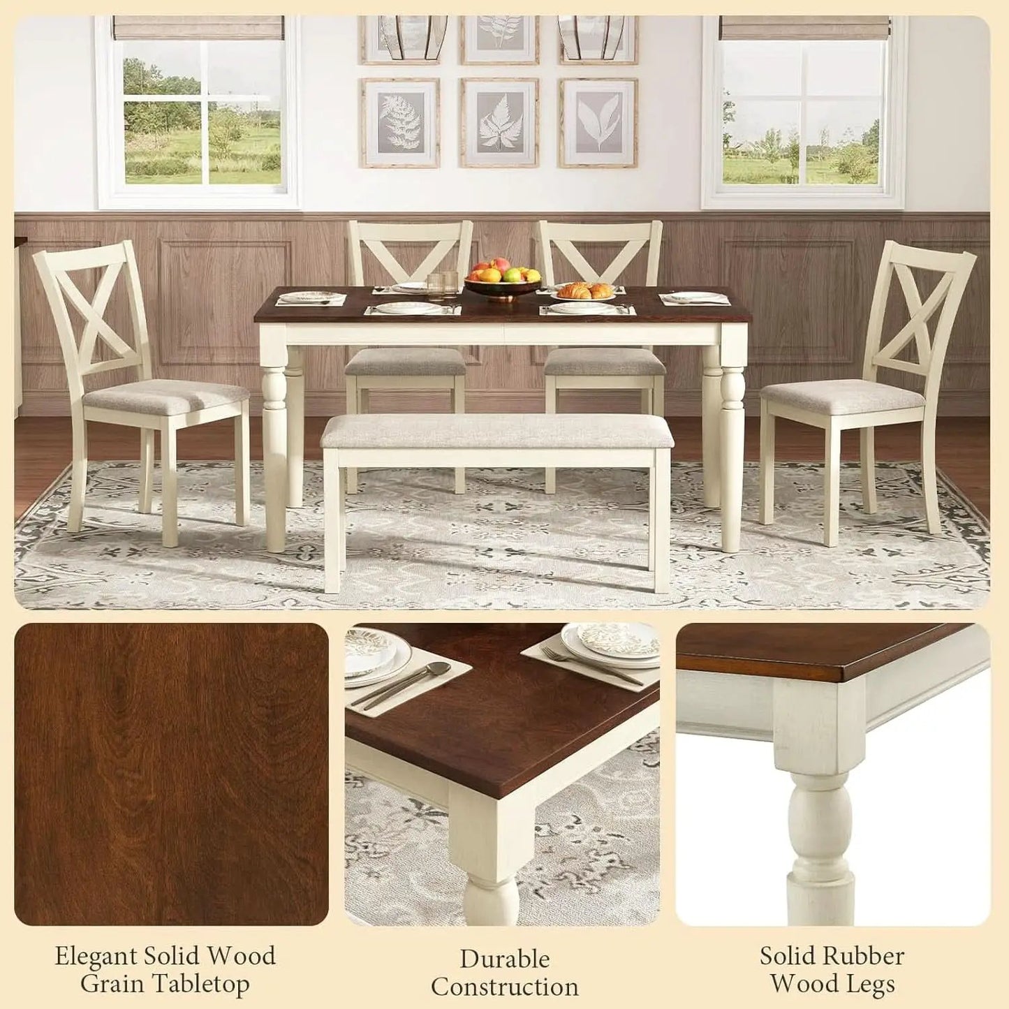 Sixty Inch Solid Wood Walnut Finish Dining Table Set Upholstered Chairs from PriceLows™