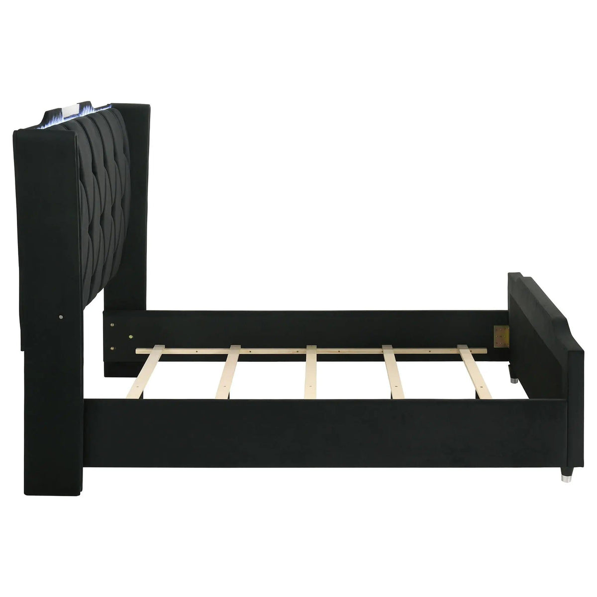 Lorient Queen LED Upholstered Wingback Bed | 80.25 x 92.5 x 63.25 in | Rubberwood & Engineered Wood | Black
