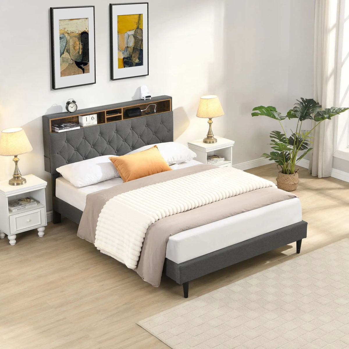 Upholstered Platform Bed Frame | Button Tufted Headboard | Two Storage Compartments | USB Ports And Outlets