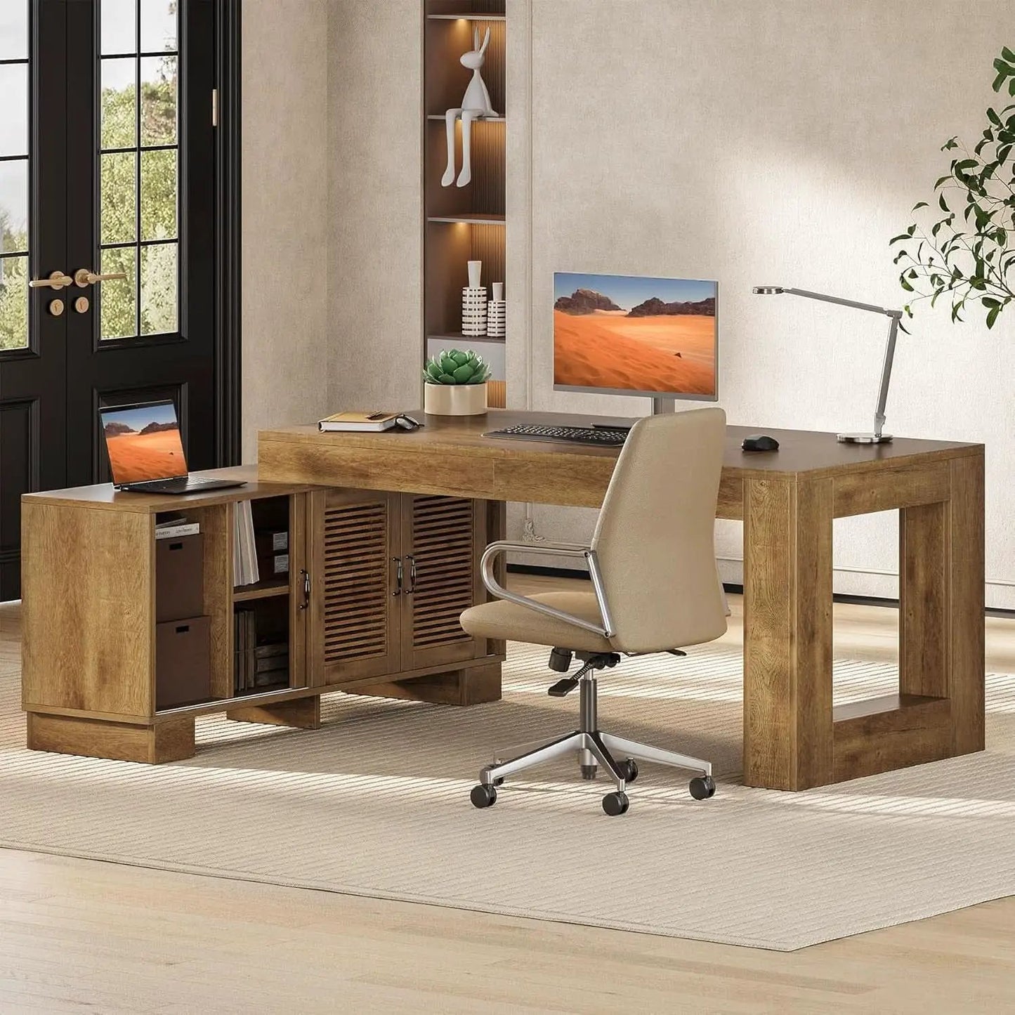 Brown 63 Inch Long L Shaped Desk With Sliding Cabinets from PriceLows™