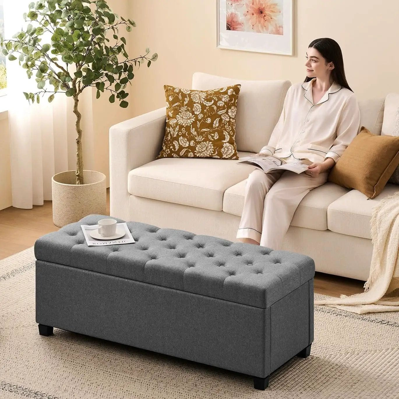 47.2 Inch Storage Ottoman Bench Light Grey Upgraded from PriceLows™