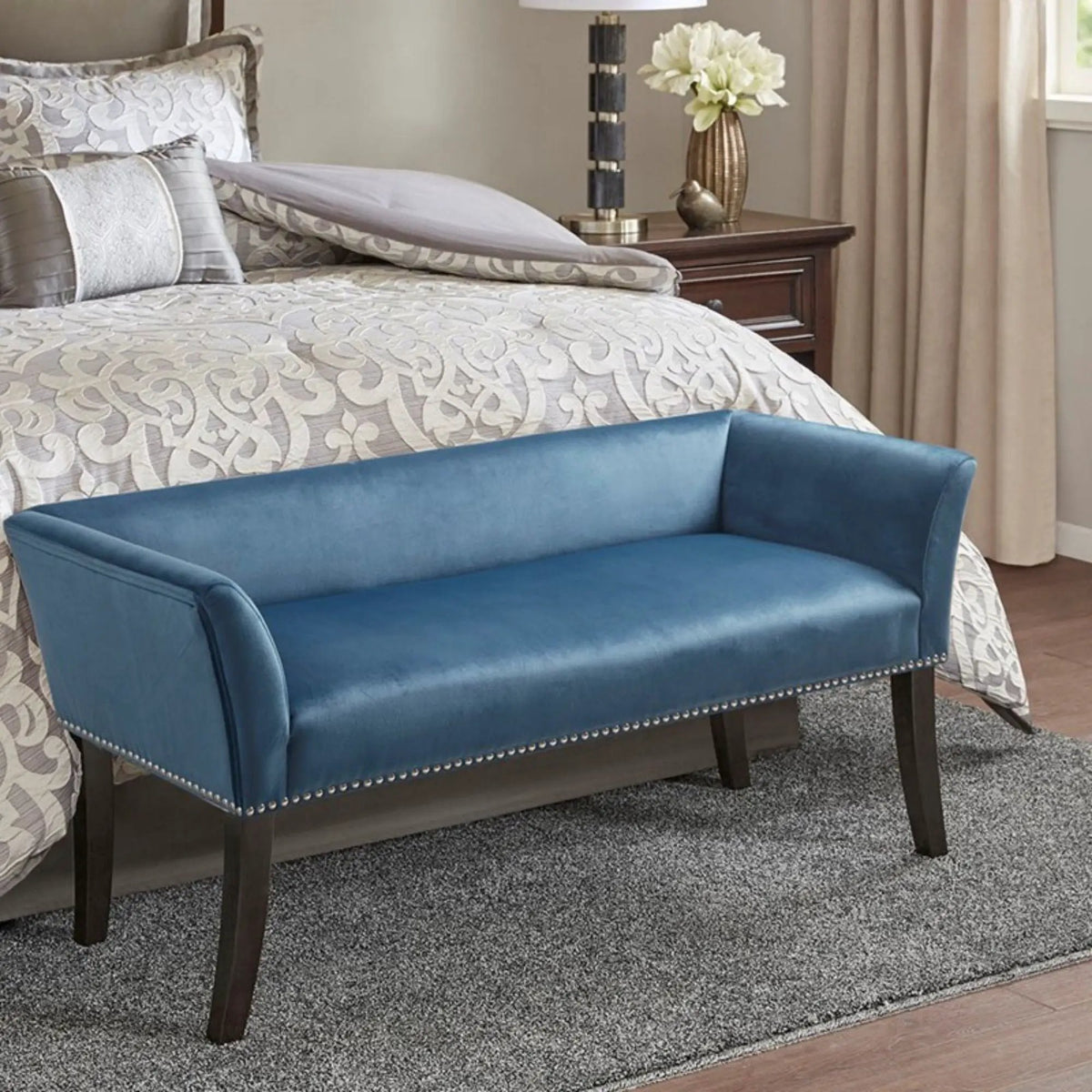 Welburn Upholstered Bench | Padded Low Back | Flared Arms | High-Density Foam And Fiber Fill