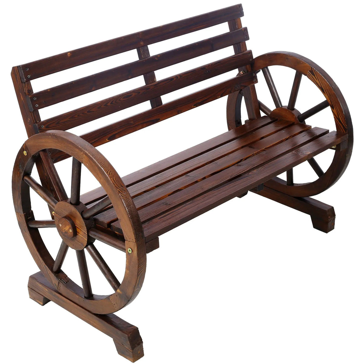 Outdoor Wagon Wheel Bench | Solid Fir Wood | 2 Person | Dark Brown