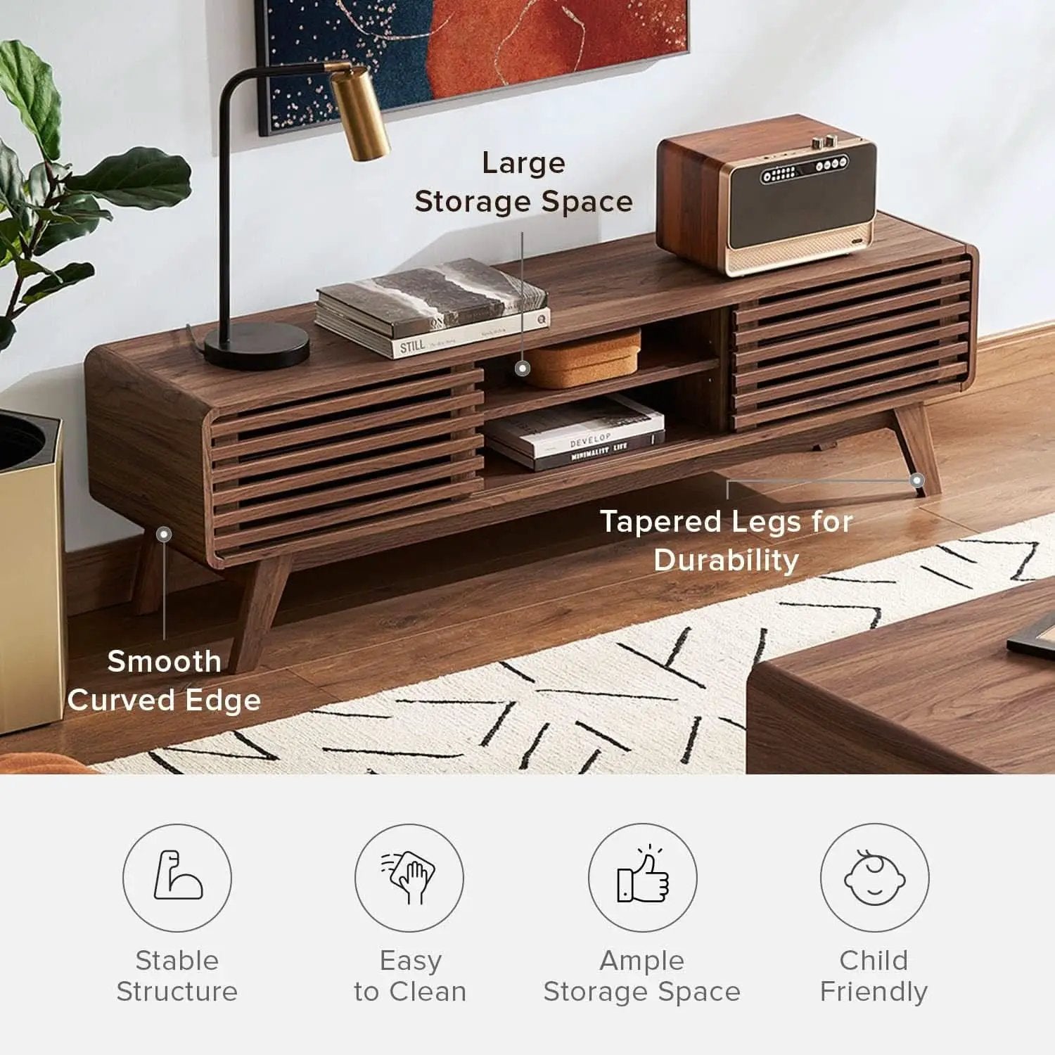 59 Inch Walnut TV Stand Mid Century Modern Console from PriceLows™