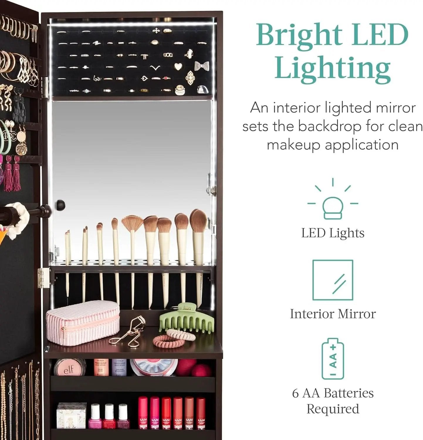LED Mirror Jewelry Cabinet Lockable Espresso Armoire from PriceLows™