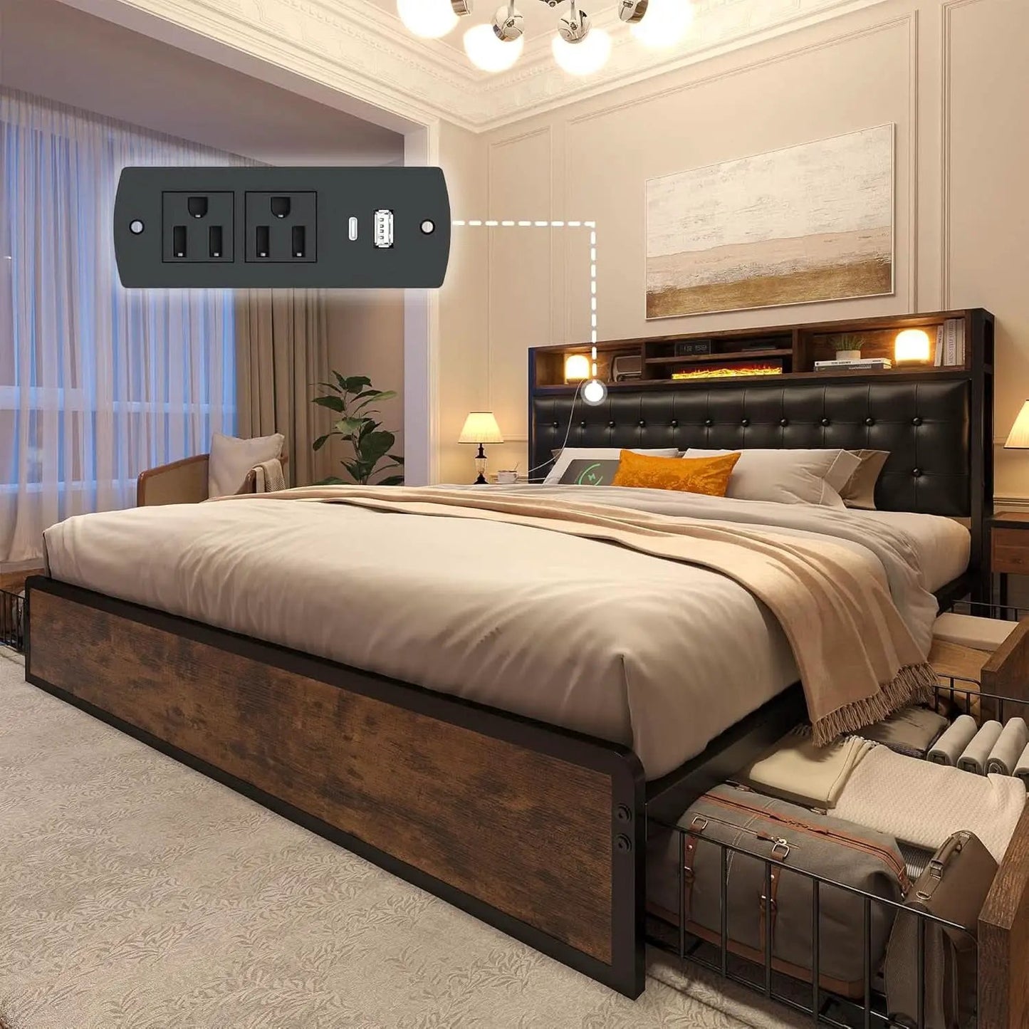 Queen Bed Frame With 4 Storage Drawers And Charging Station from PriceLows™