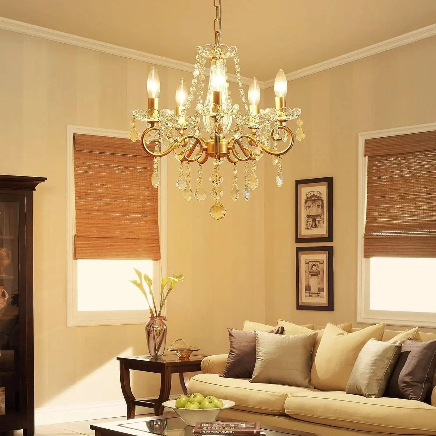 Gold Mini Crystal Chandelier With Five Bulbs Living Room from PriceLows™