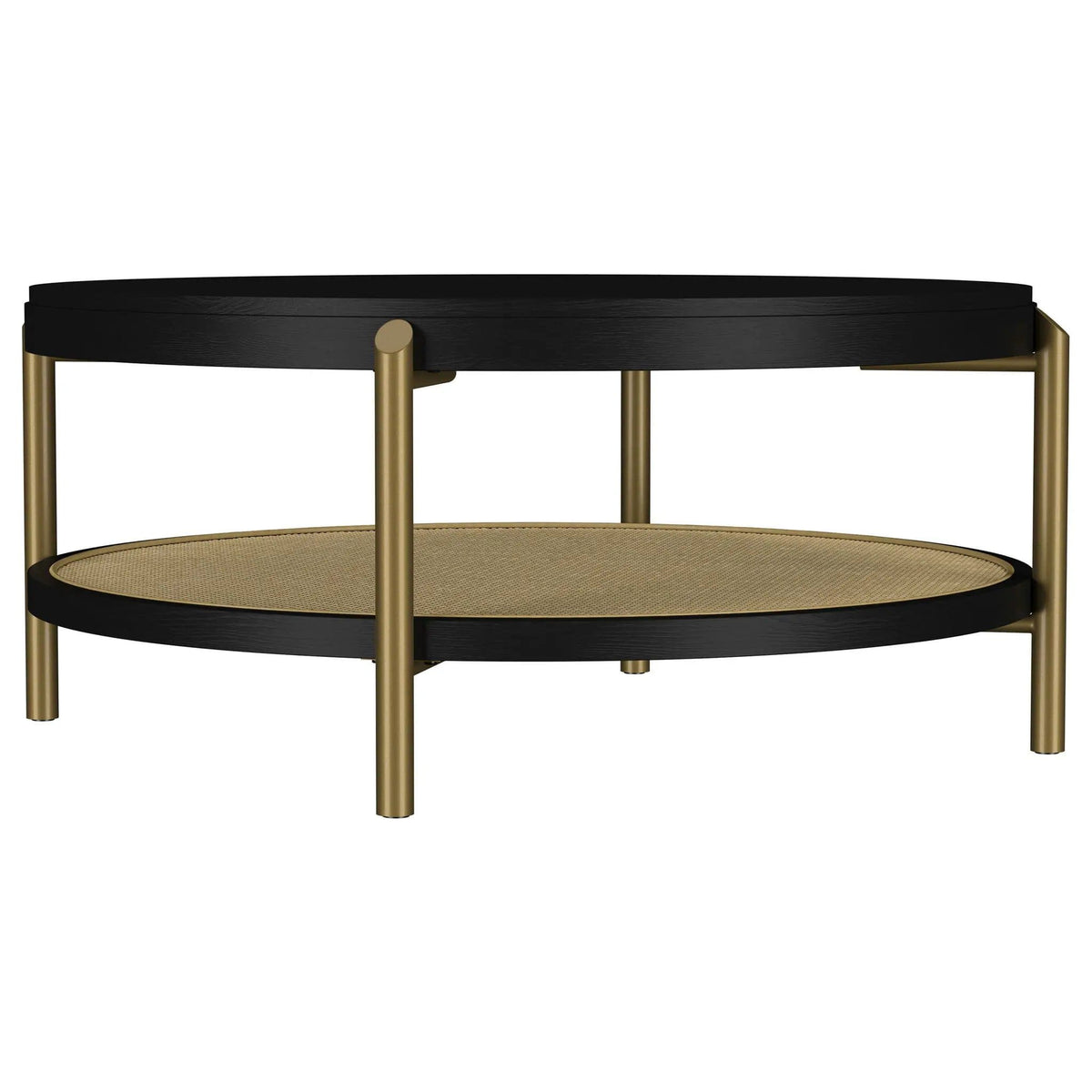 Arini Round Coffee Table With Storage Shelf | 40.75 x 40.75 x 17.25 in | Rattan & Metal | Black
