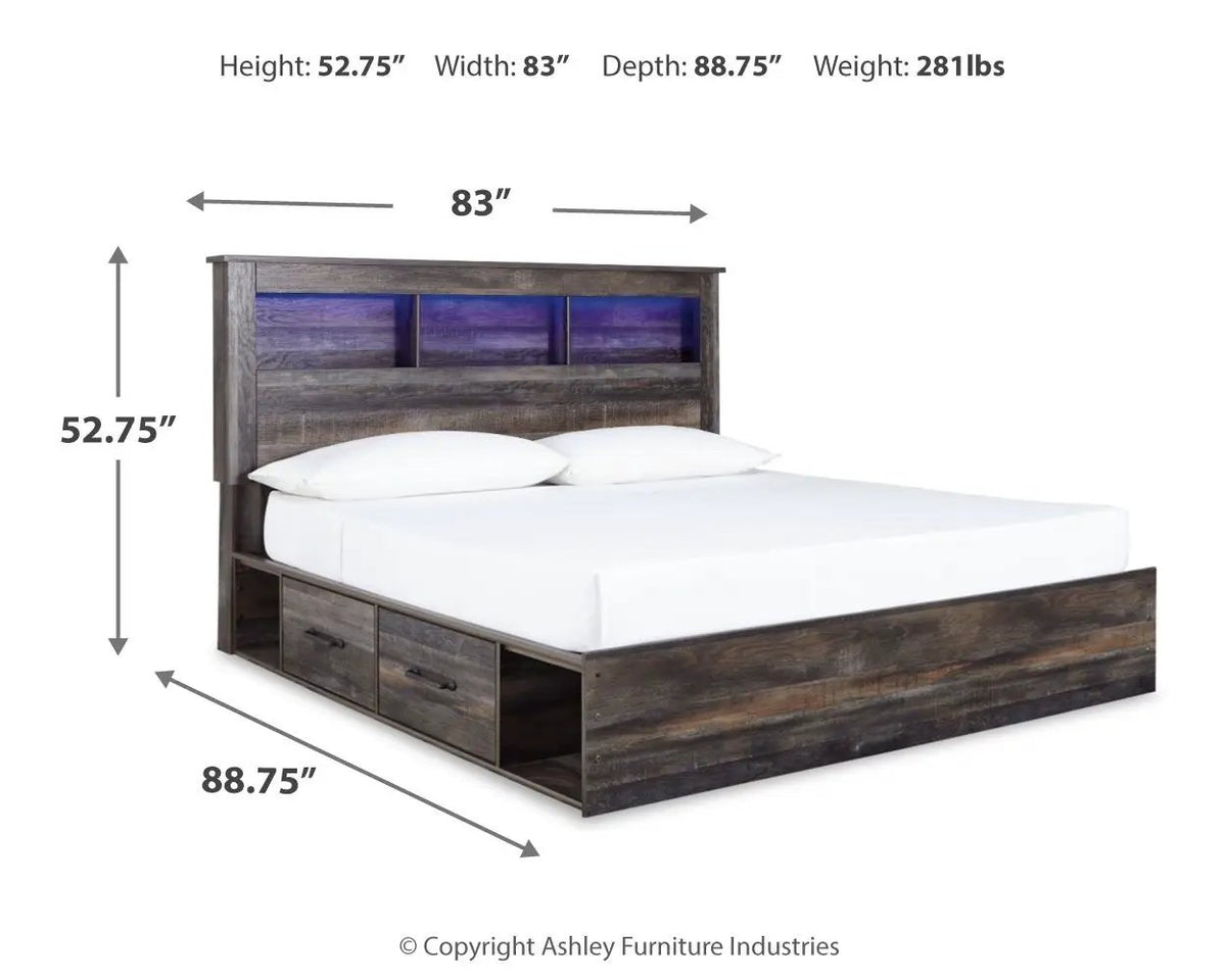 Drystan Panel Bookcase Bed | Storage Headboard | Rustic Industrial Style | 85 Inch Length