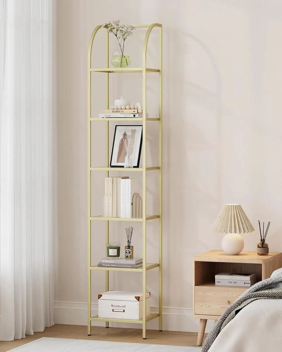 Bookcase Bookshelf 6 Tier Gold Tempered Glass Arched Top from PriceLows™