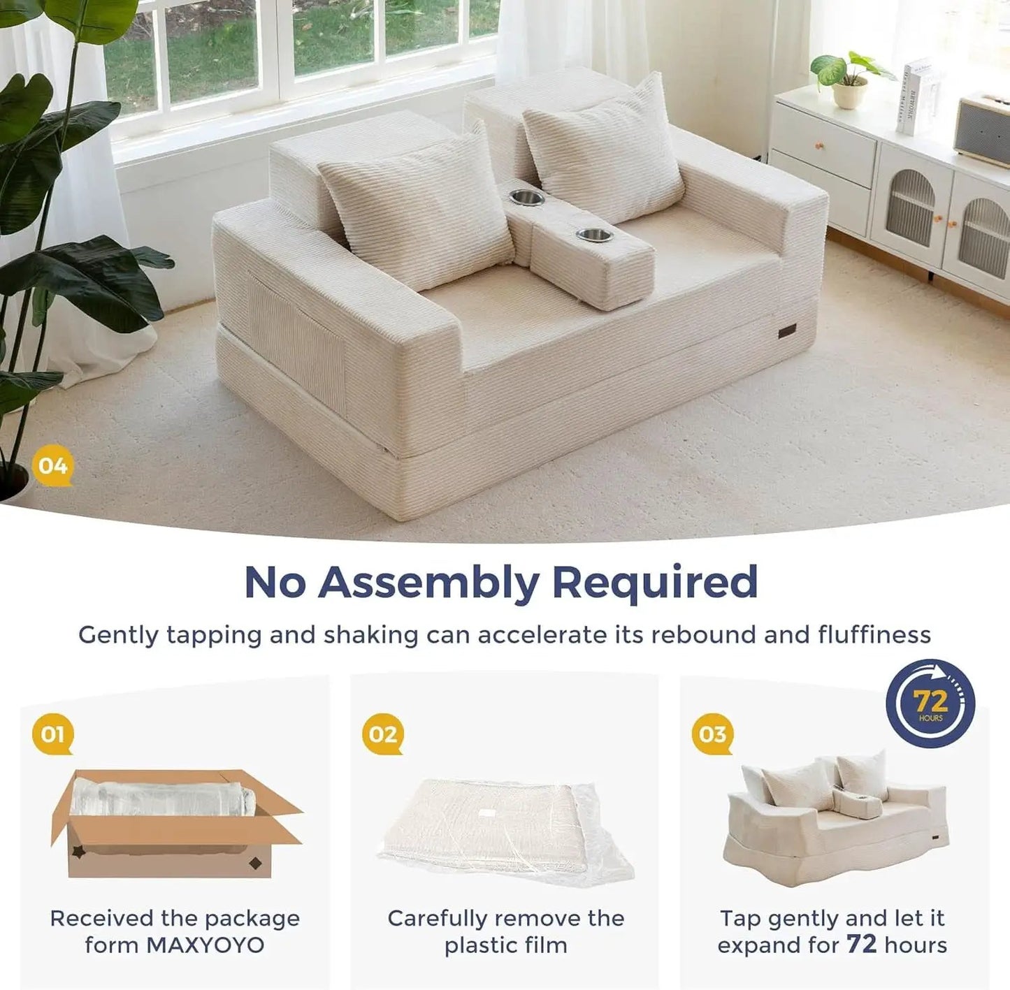 Beige Foldable Convertible Sleeper Sofa With CupHolders from PriceLows™