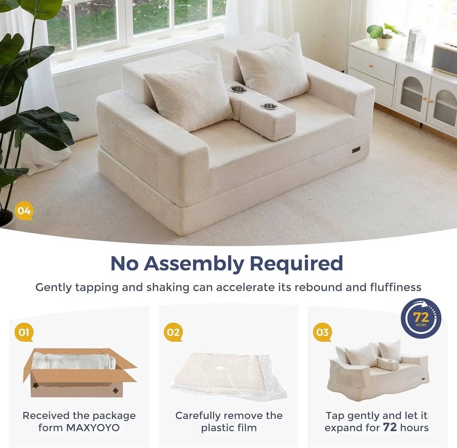 Beige Foldable Convertible Sleeper Sofa With CupHolders from PriceLows™