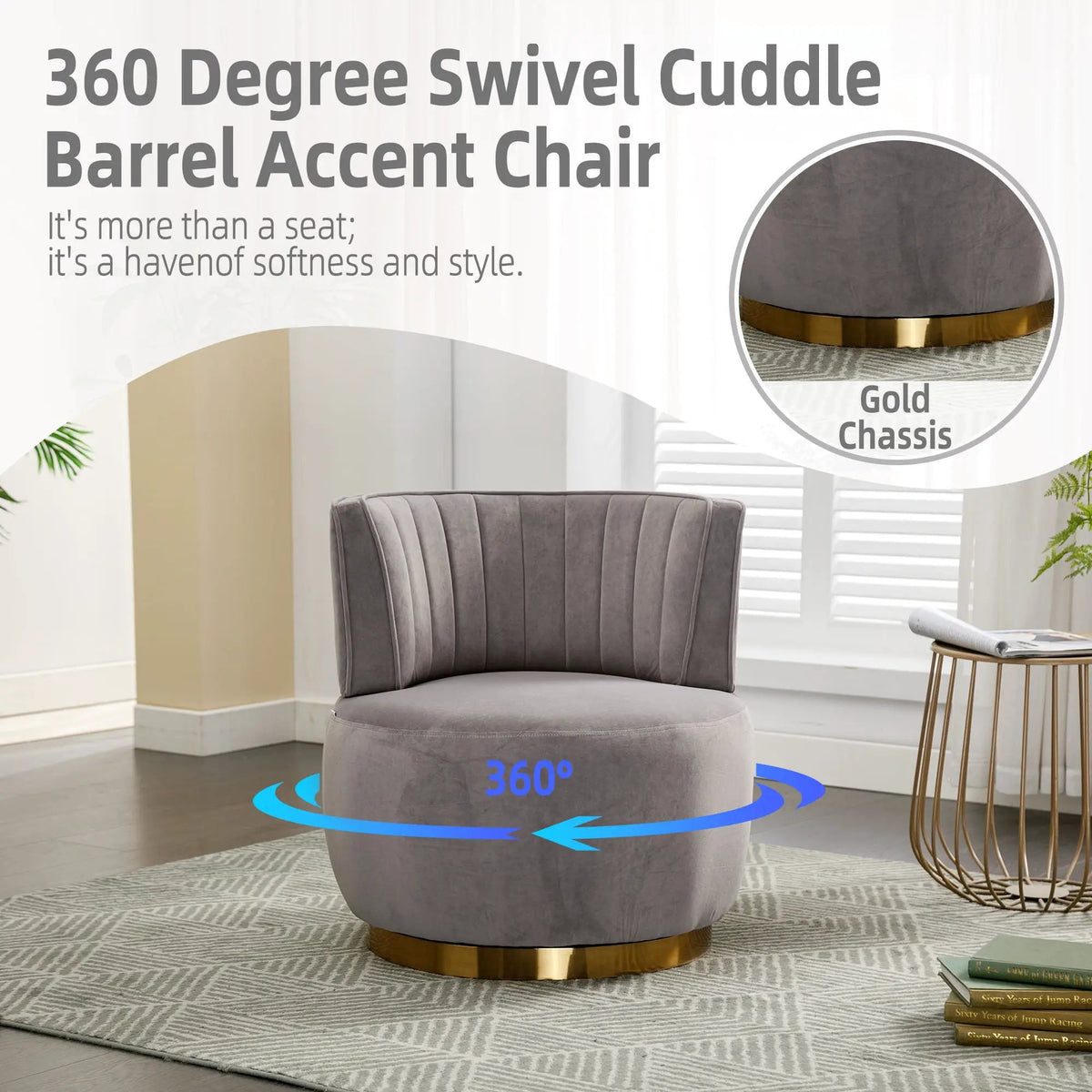 360 Degree Swivel Barrel Chair | Cuddle Accent Sofa Chair | Super Soft Fabric | Wrap-Around Barrel Back