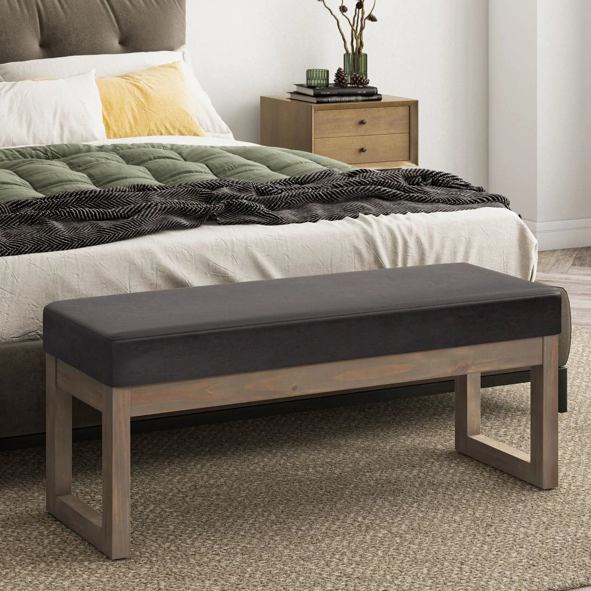 Milltown Upholstered Ottoman Bench | Driftwood Solid Wood Base | Versatile Design | 44.5 Inch Width