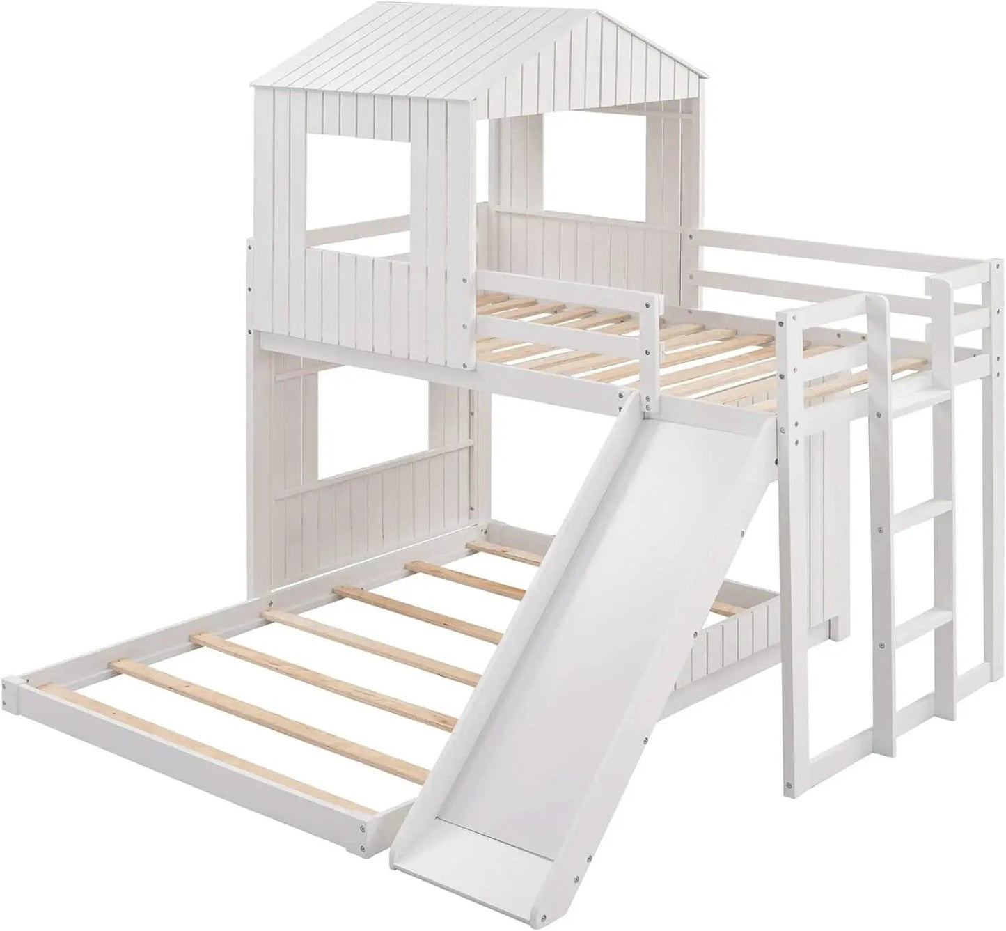 Twin Over Full Bunk Bed With Slide With Guardrails White from PriceLows™