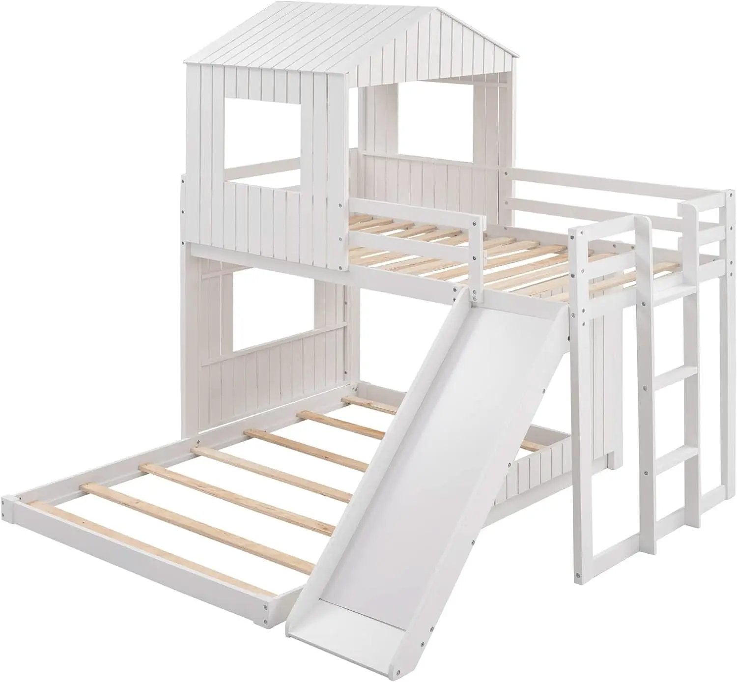 Twin Over Full Bunk Bed With Slide With Guardrails White from PriceLows™