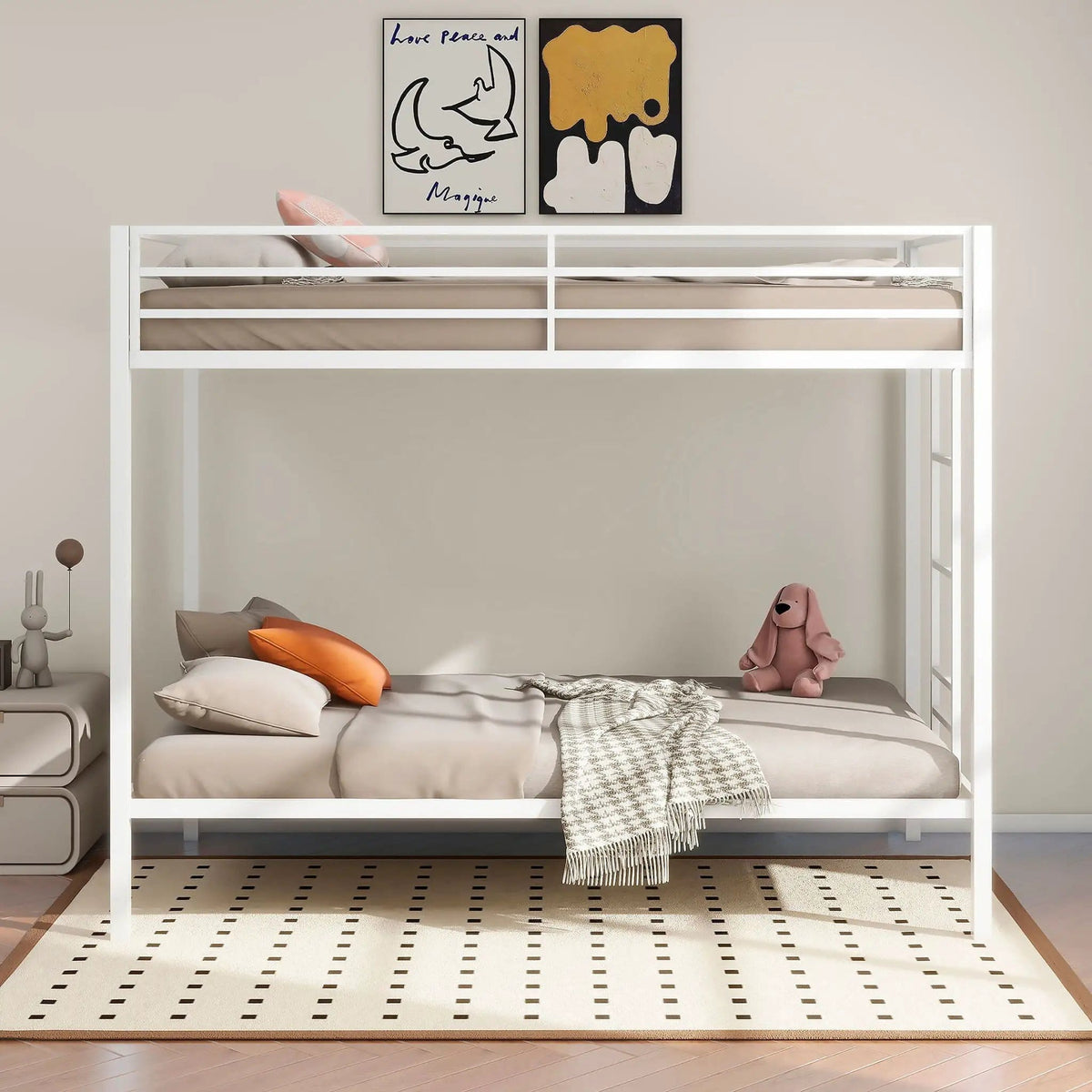 Alevera Metal Twin Over Twin Bunk Bed with Ladder | 77.5 x 41.25 x 63 in | Steel & Metal | White