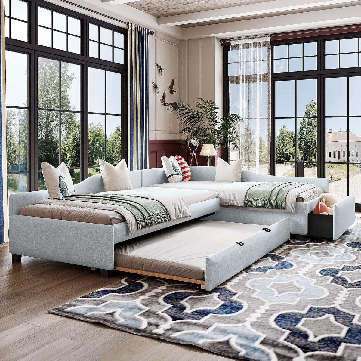 Upholstered Double Daybed | Trundle And Drawer | Two Twin Beds | 120 Inch Length