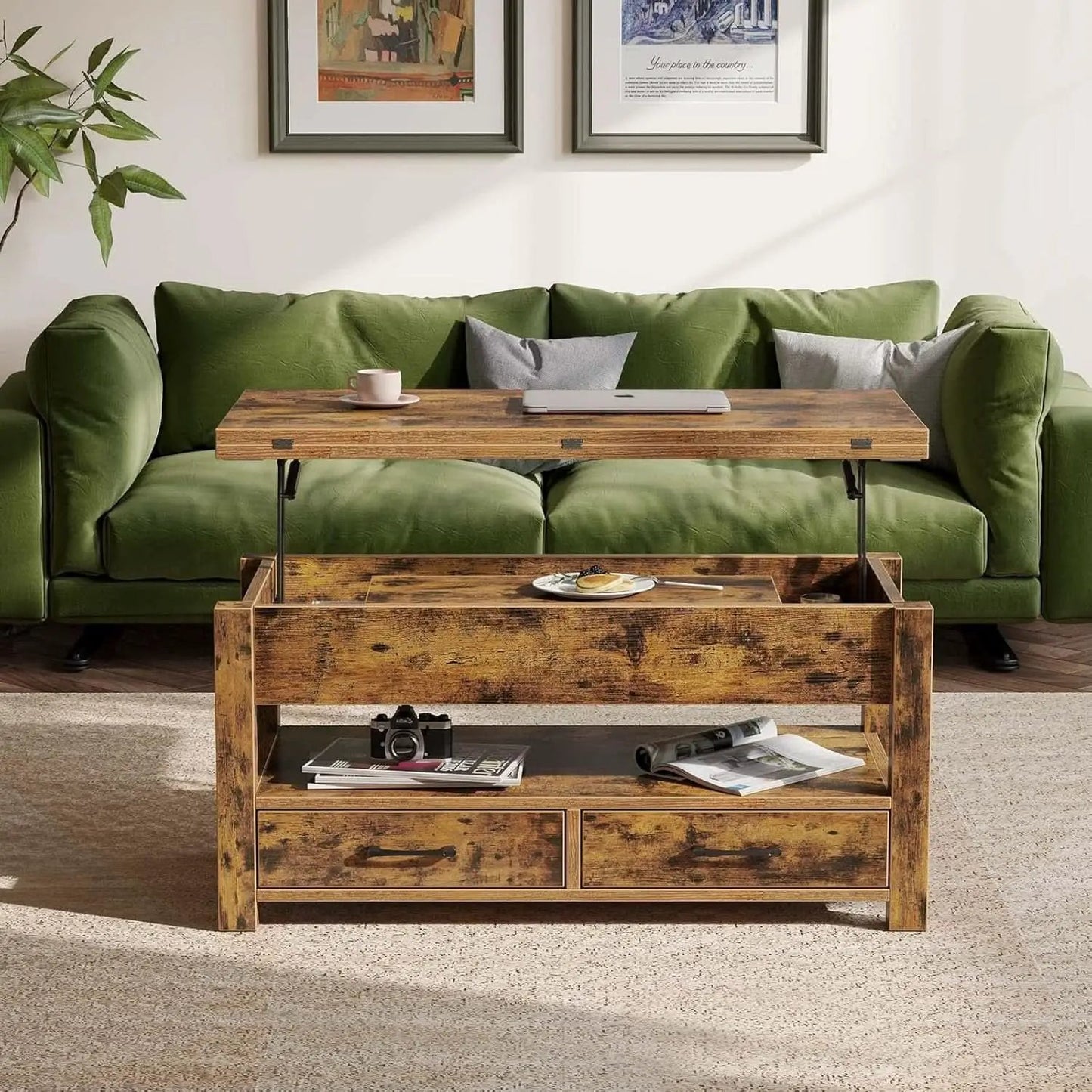 Rustic Brown Lift Top Coffee Table With Hidden Storage from PriceLows™