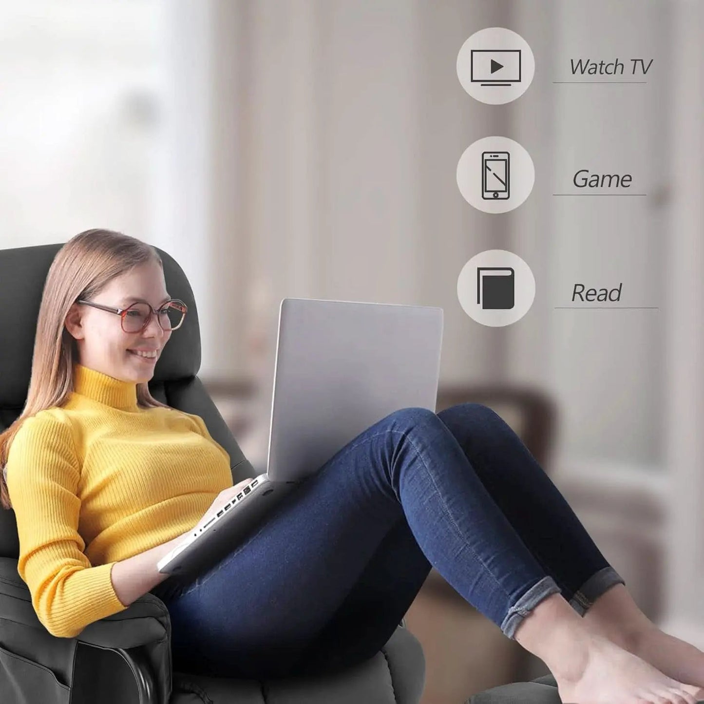 Swivel Recliner With Ottoman Black Faux Leather Massage from PriceLows™